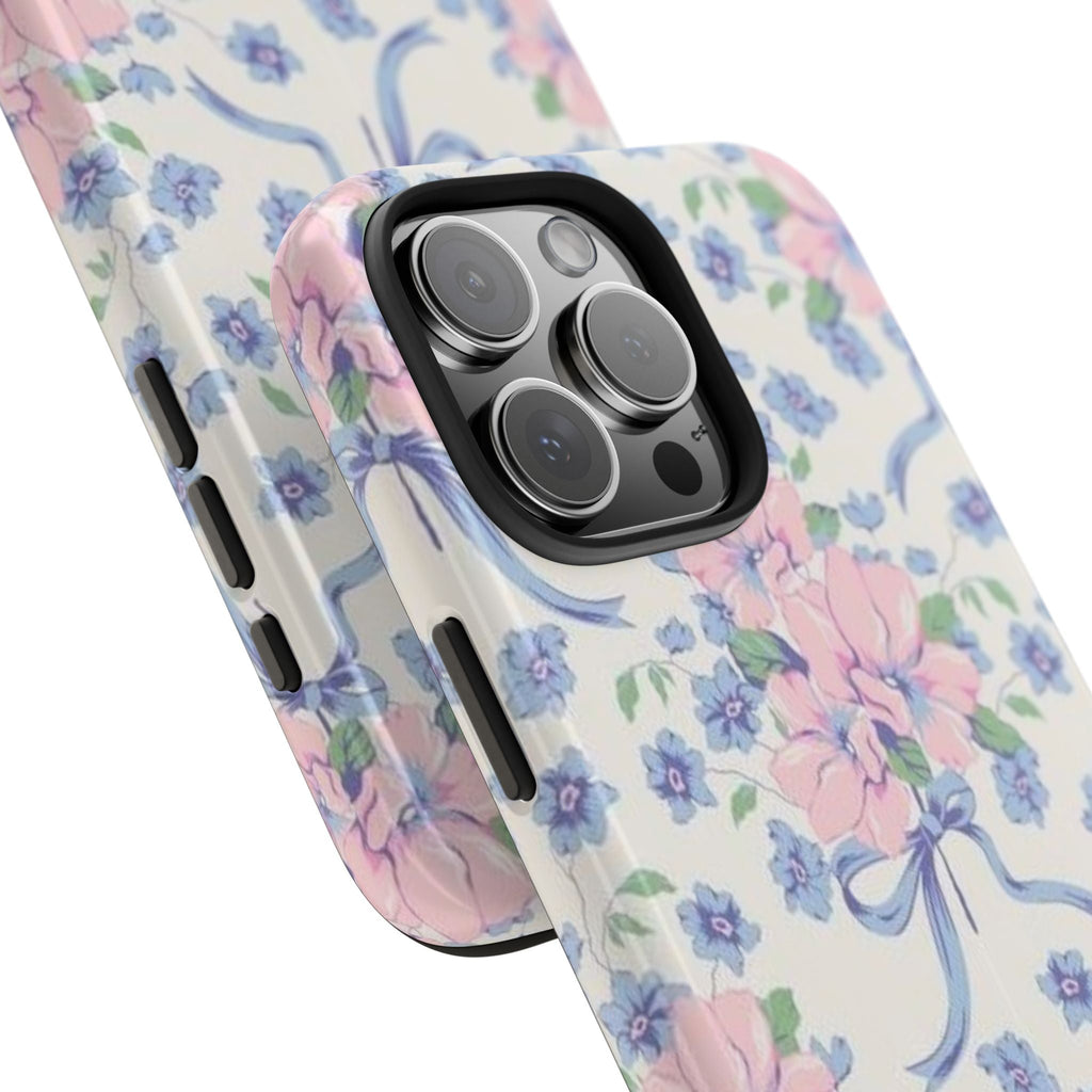Pastel floral phone case side view with button openings and camera lens cutout