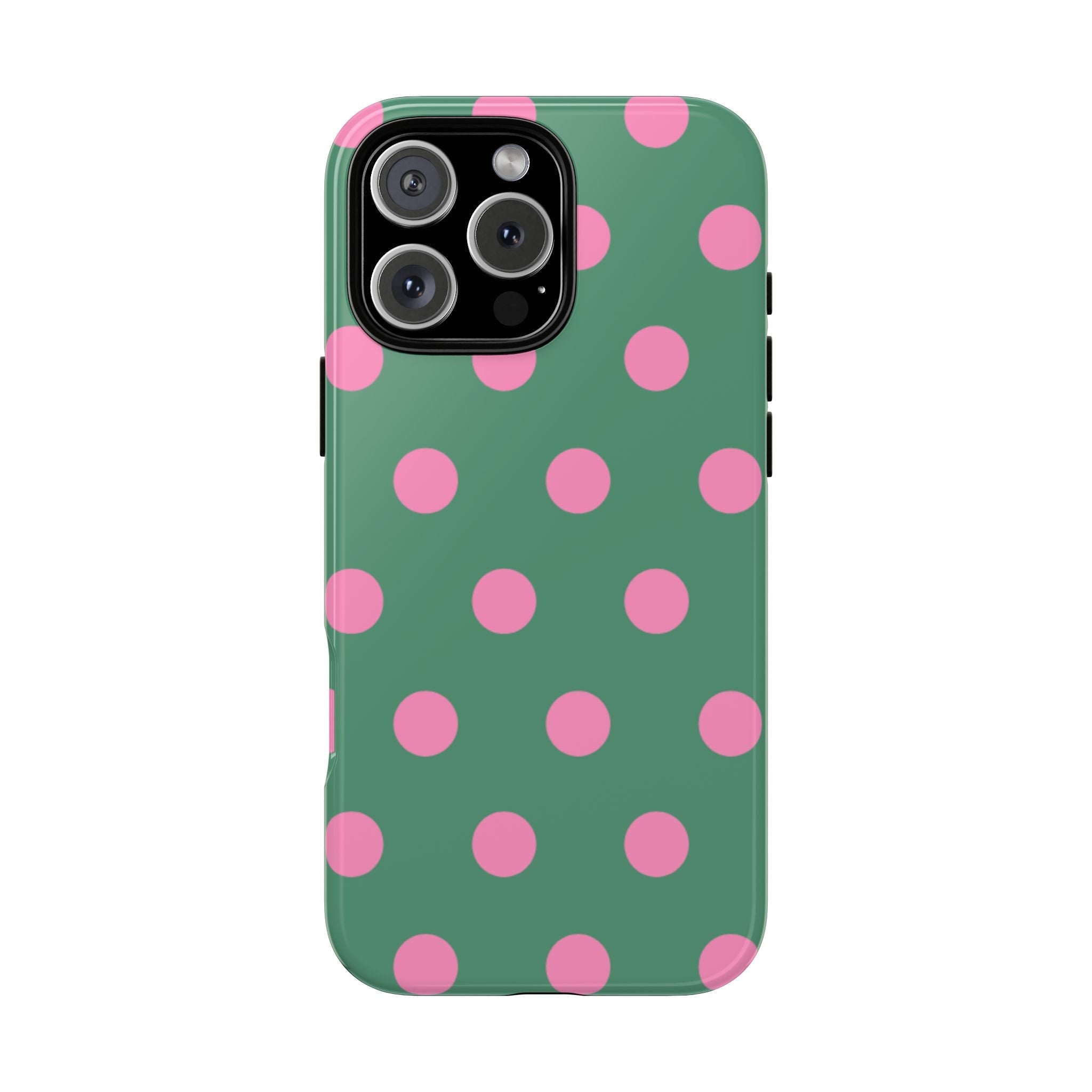 Green PETAL polka dot phone case with pink dots, slim profile