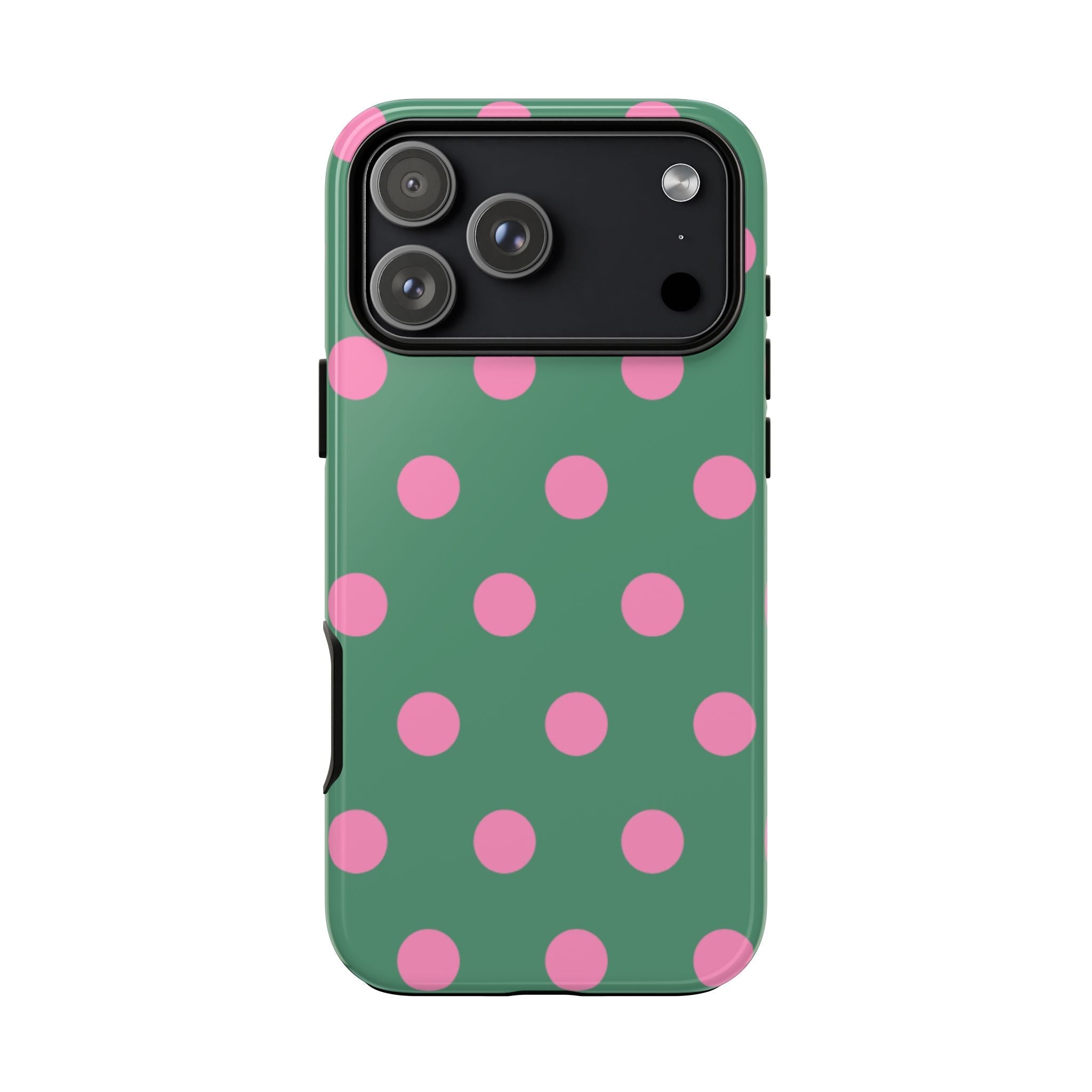 Green phone case with pink polka dots, protective camera cutout