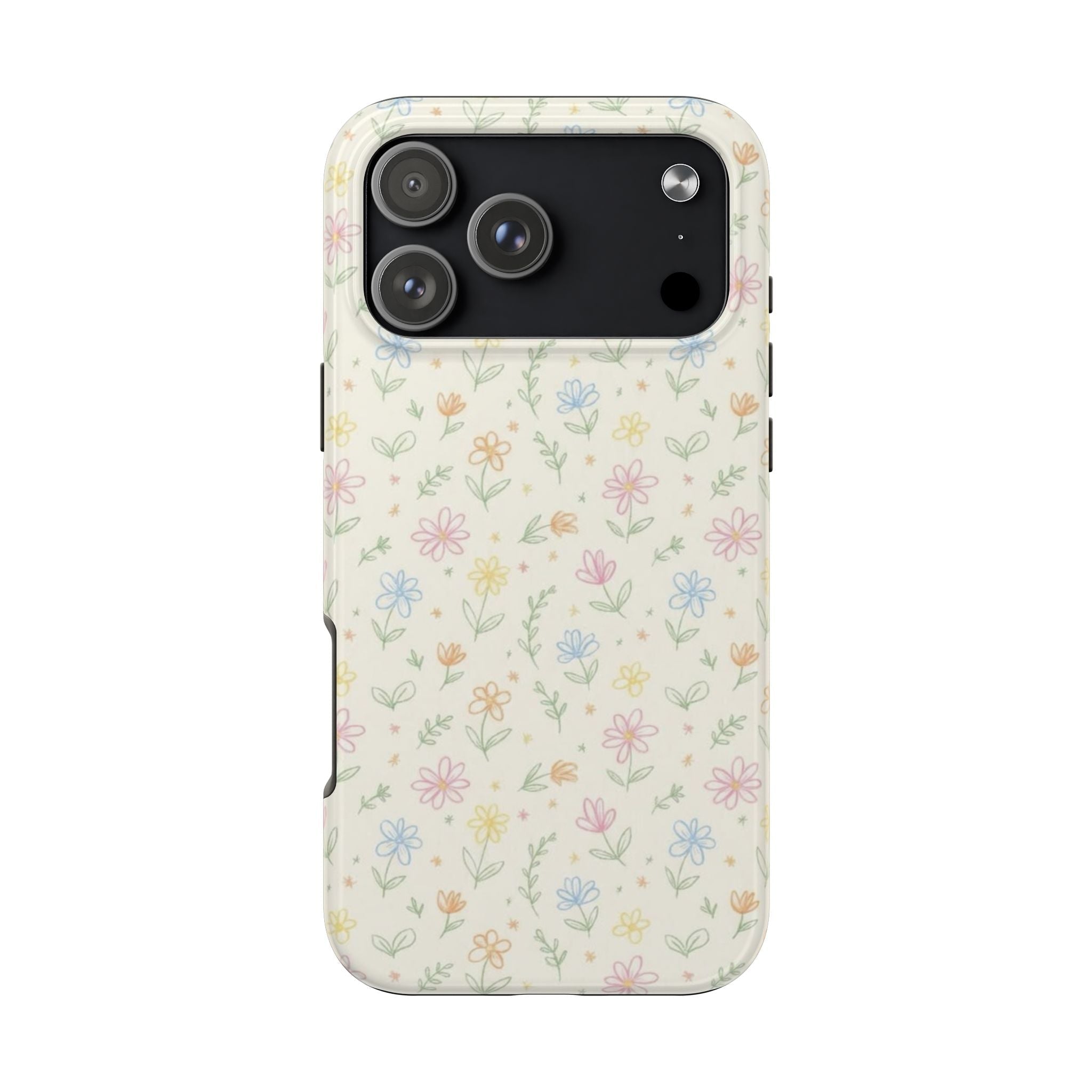 Floral phone case back view with pastel blossoms; raised camera area