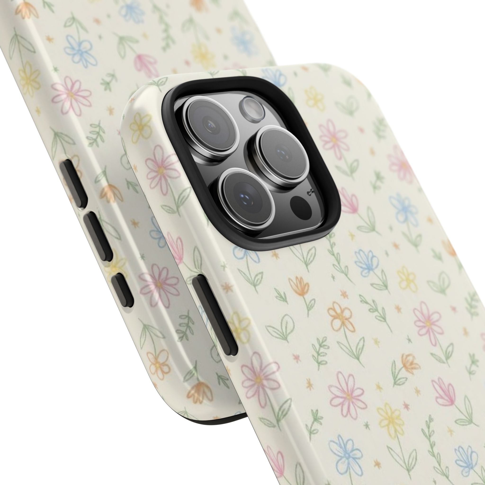 Side view of pastel floral phone case with button cutouts and camera protection