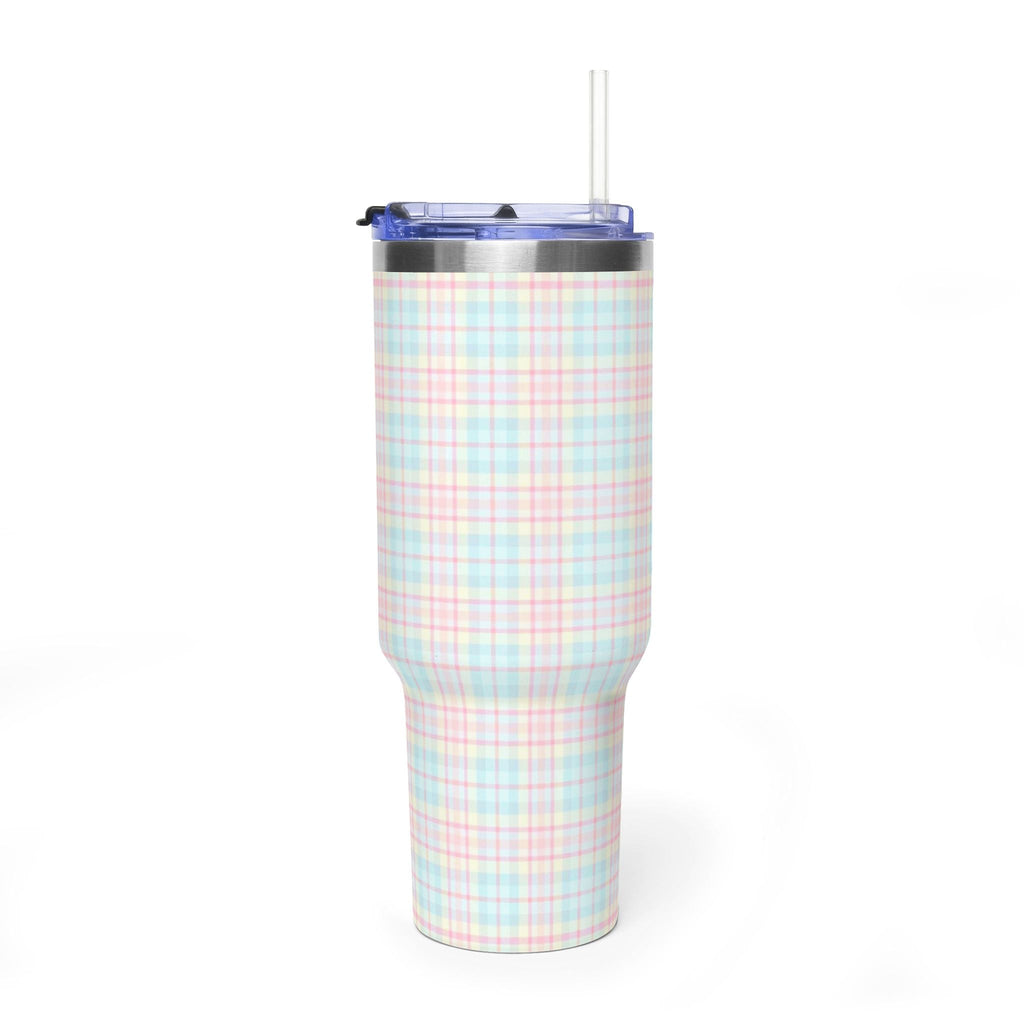 40oz stainless tumbler with pastel plaid wrap and blue straw lid, no handle visible