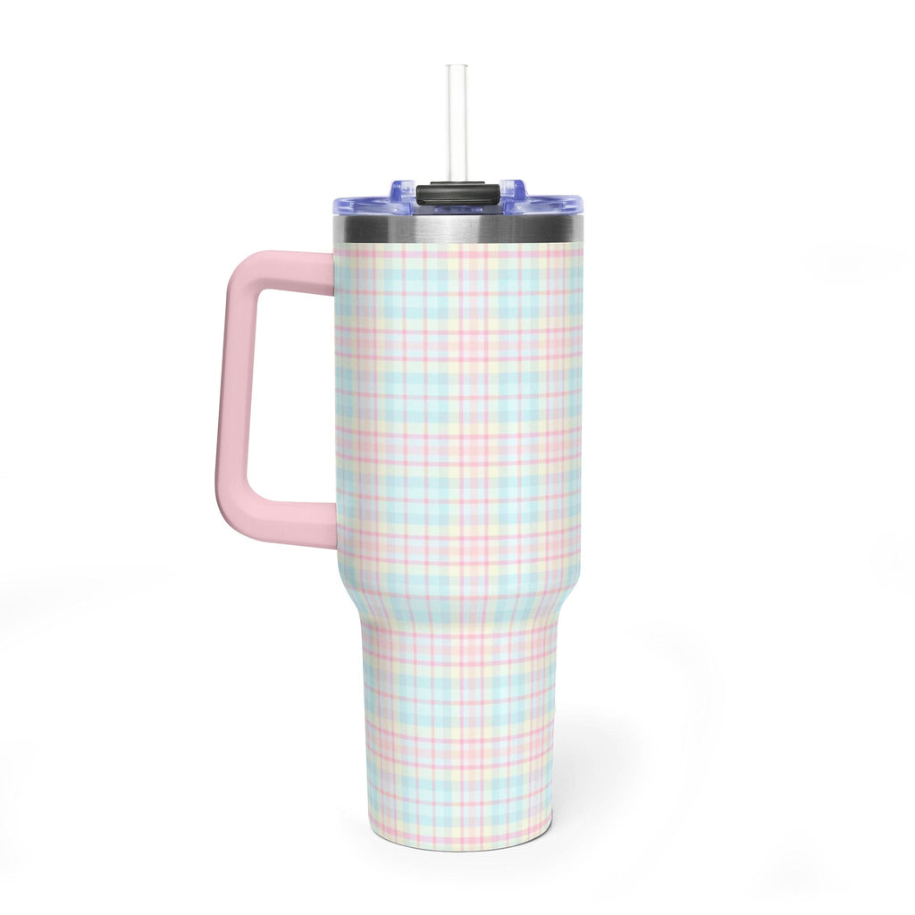 Pastel plaid 40oz stainless tumbler with blue lid, clear straw, pink curved handle