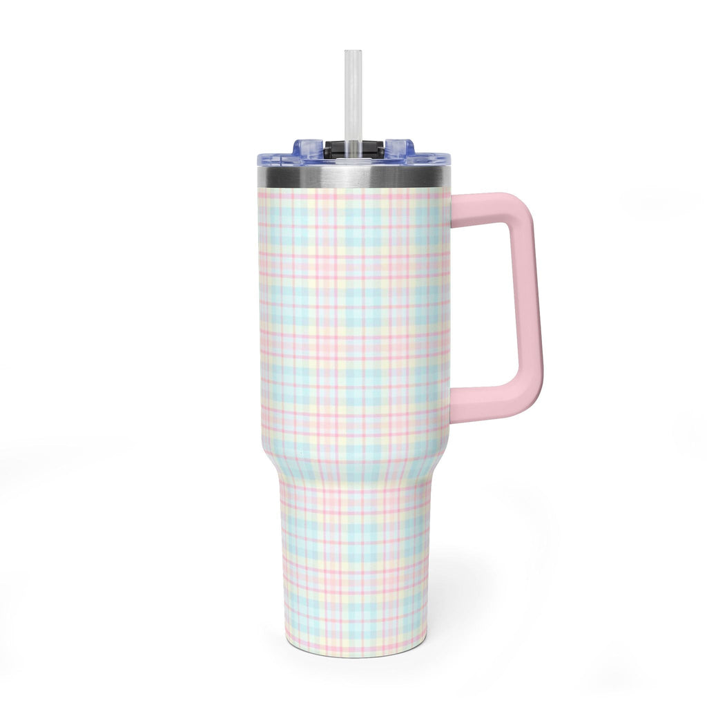40oz stainless tumbler with pastel plaid wrap, blue lid, clear straw, pink side handle