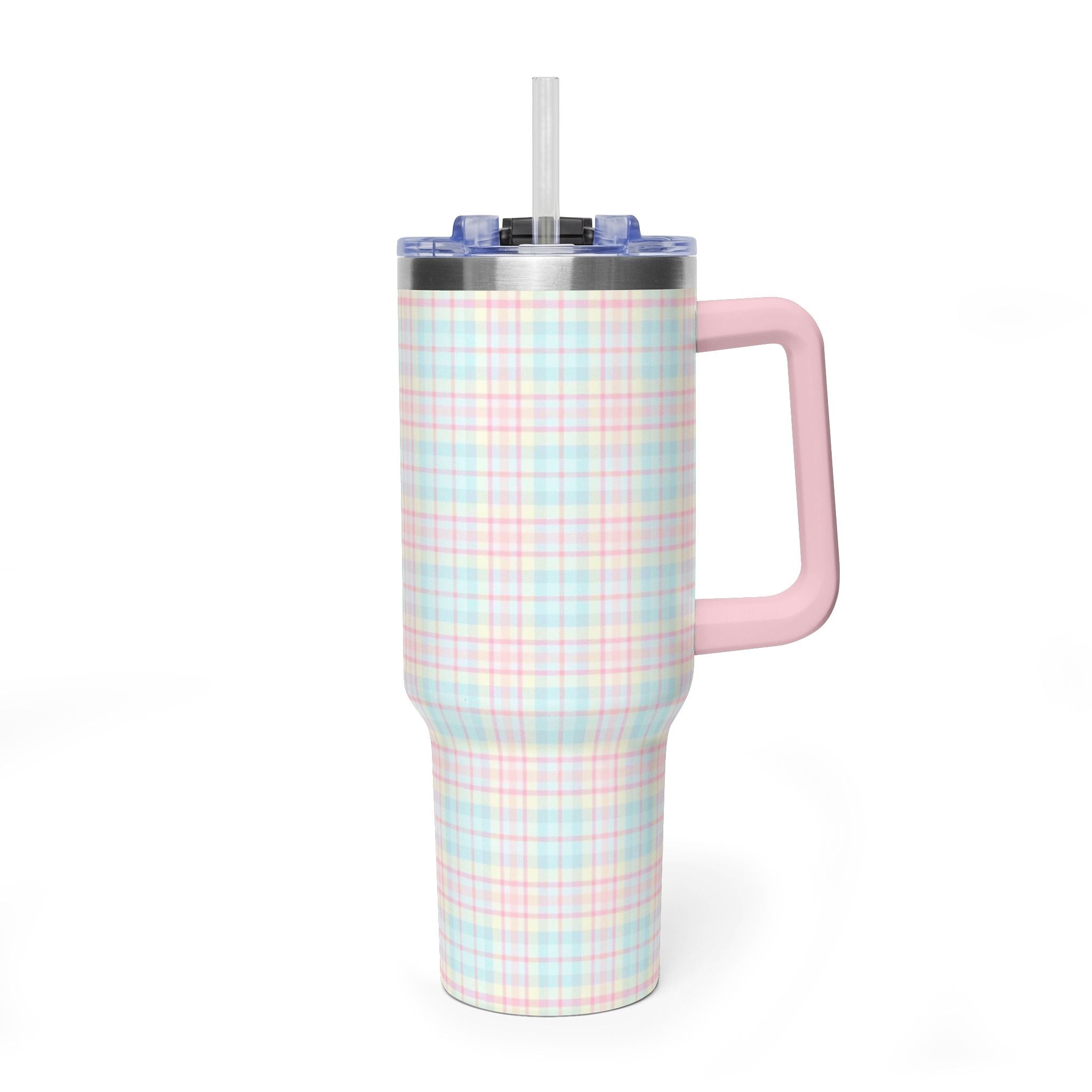 40oz stainless tumbler with pastel plaid wrap, blue lid, clear straw, pink side handle