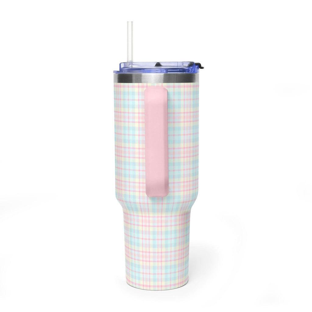 Pastel plaid 40oz tumbler with blue lid, clear straw, pink pull-up spout