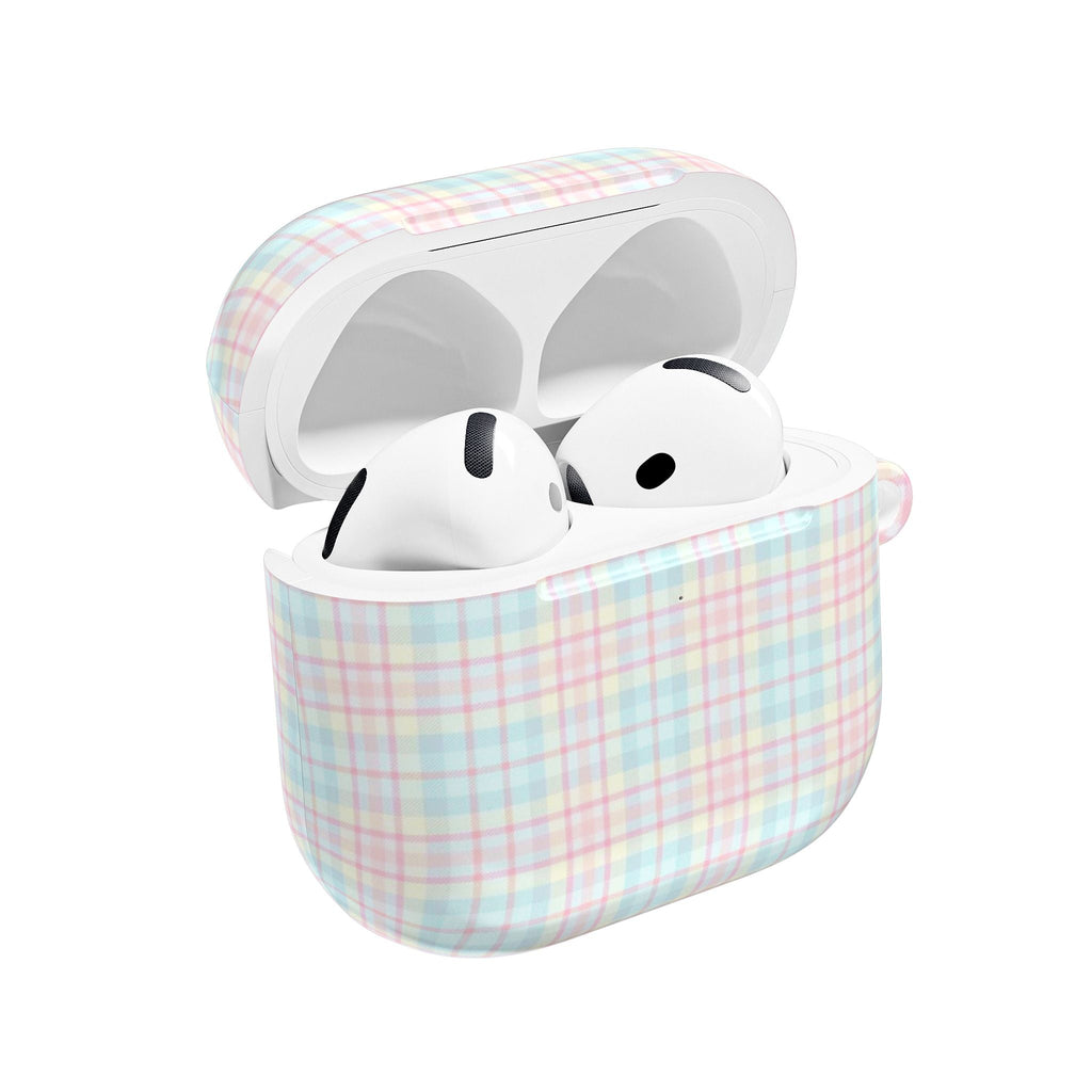 Pastel picnic plaid AirPods case with open lid, showing earbuds