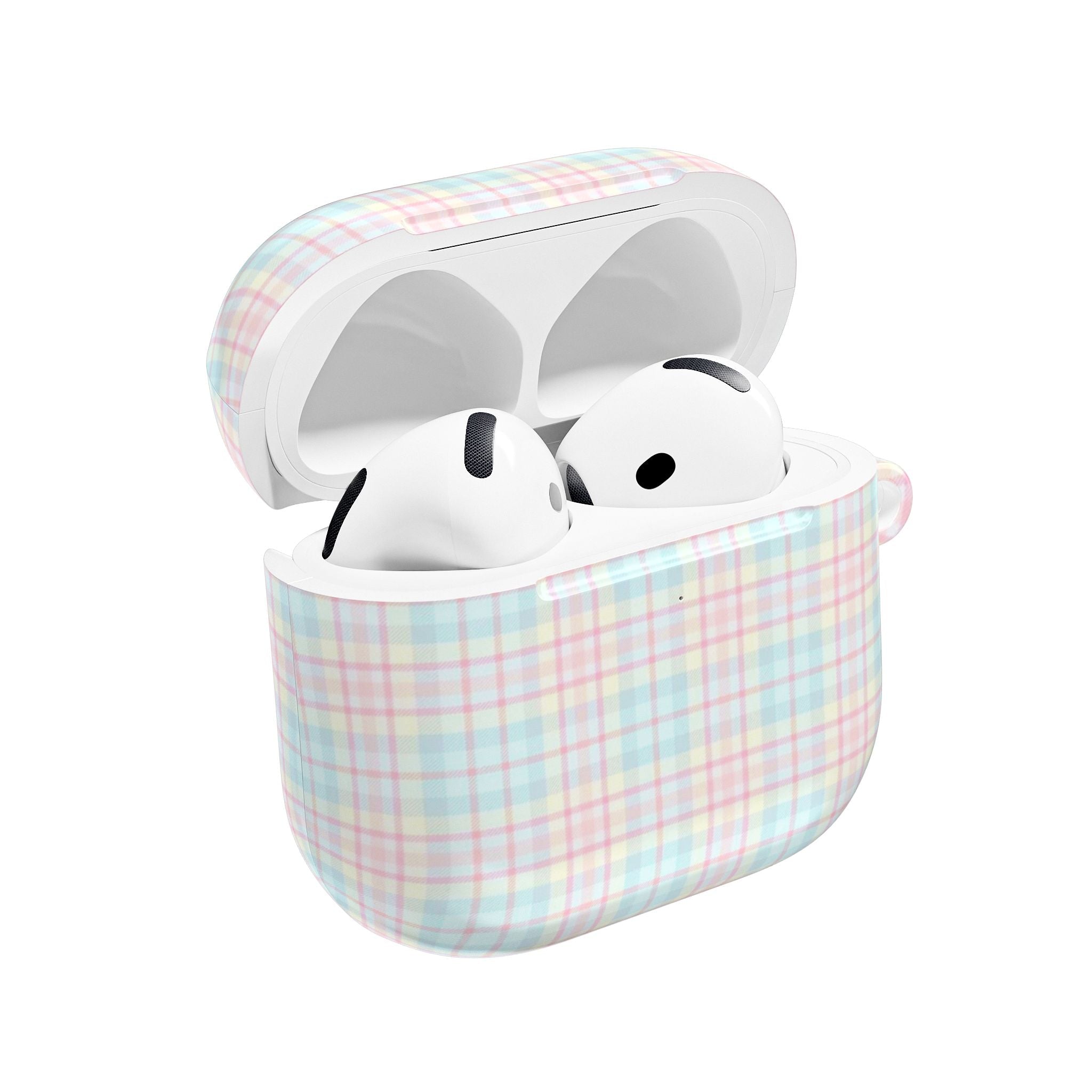 Pastel picnic plaid AirPods case with open lid, showing earbuds