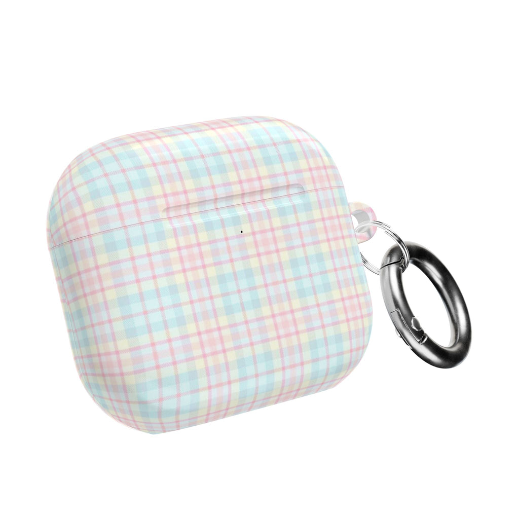 Pastel plaid AirPods case with metal key ring, closed lid