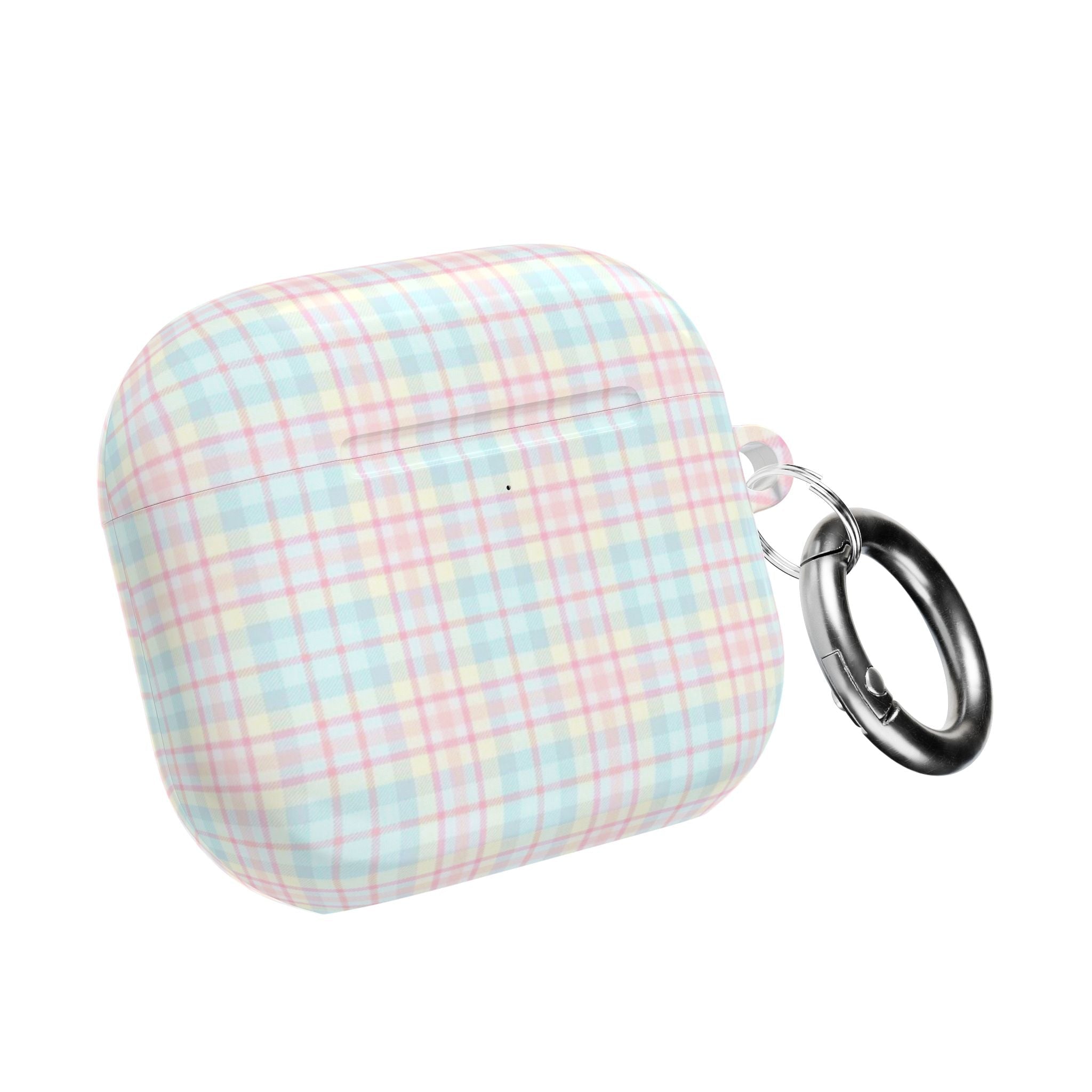 Pastel plaid AirPods case with metal key ring, closed lid