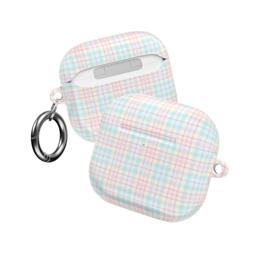 Plaid AirPods case with key rings and button on front, side view
