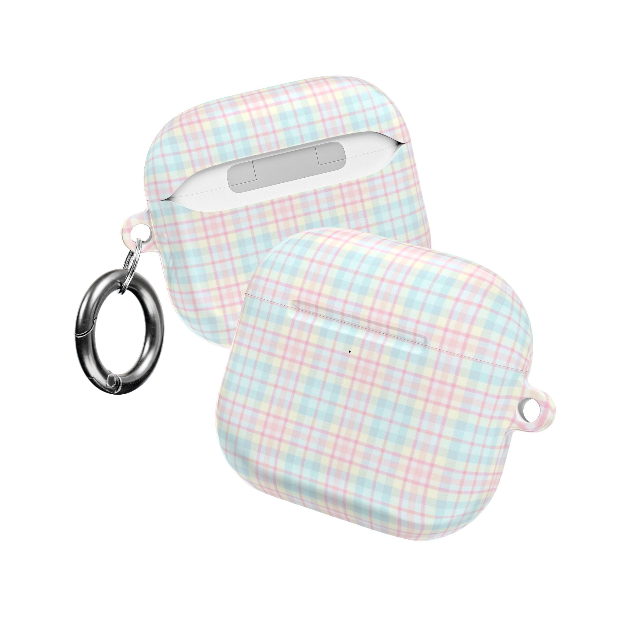 Plaid AirPods case with key rings and button on front, side view