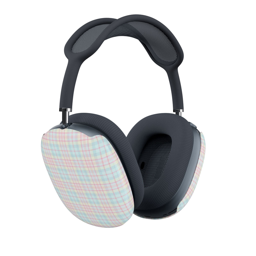 AirPods Max ear-cup case covers in pastel plaid, shown with black ear pads