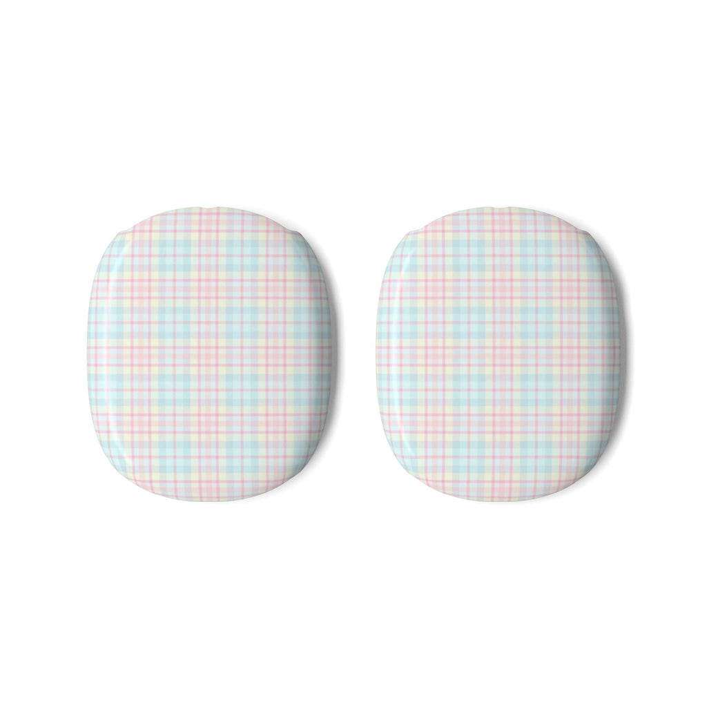 Pair of AirPods Max ear-cup case covers in pastel picnic plaid fabric