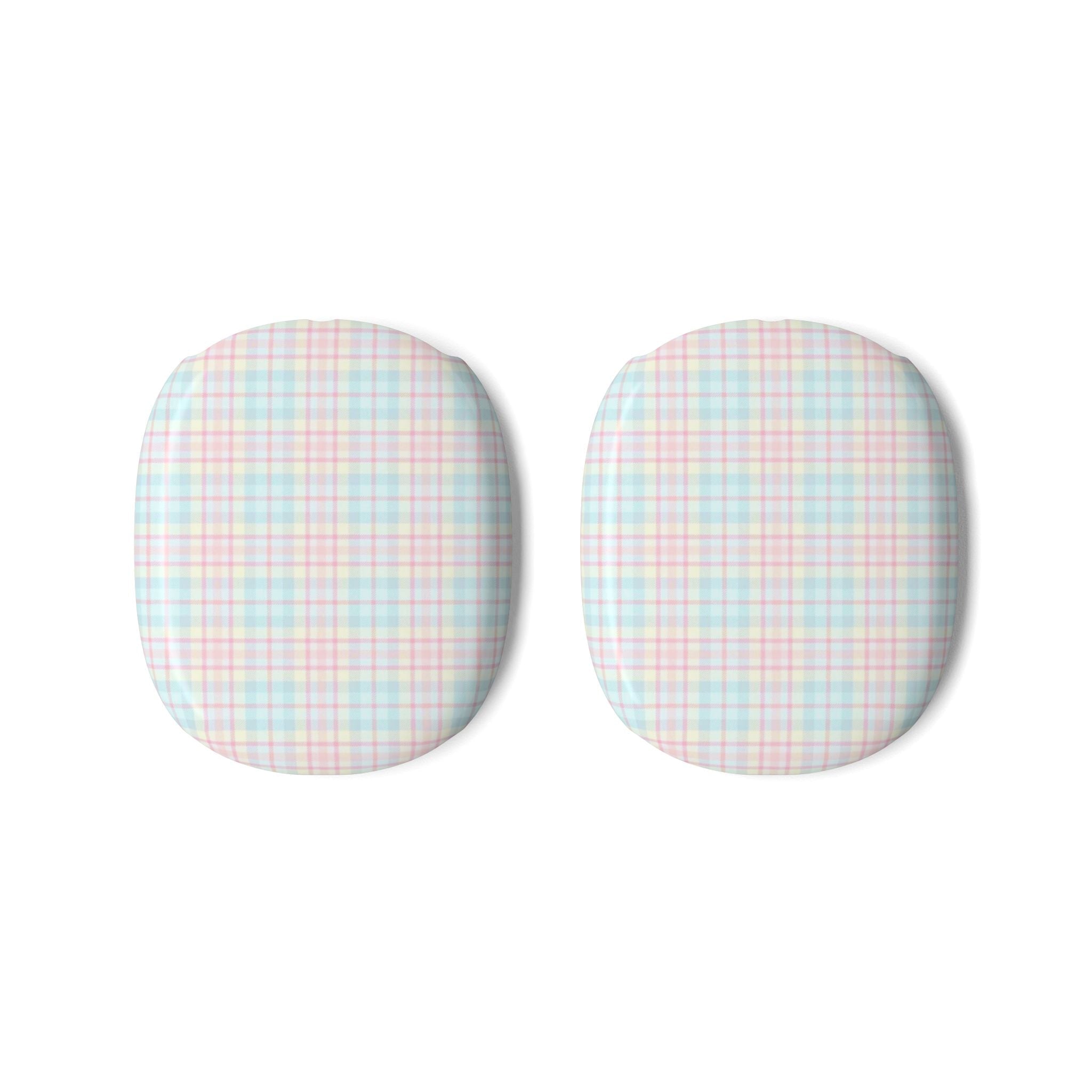 Pair of AirPods Max ear-cup case covers in pastel picnic plaid fabric