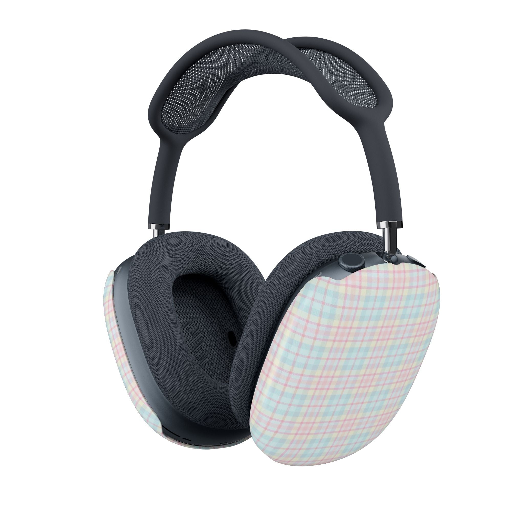 AirPods Max ear-cup case covers, pastel plaid fabric on black headphones