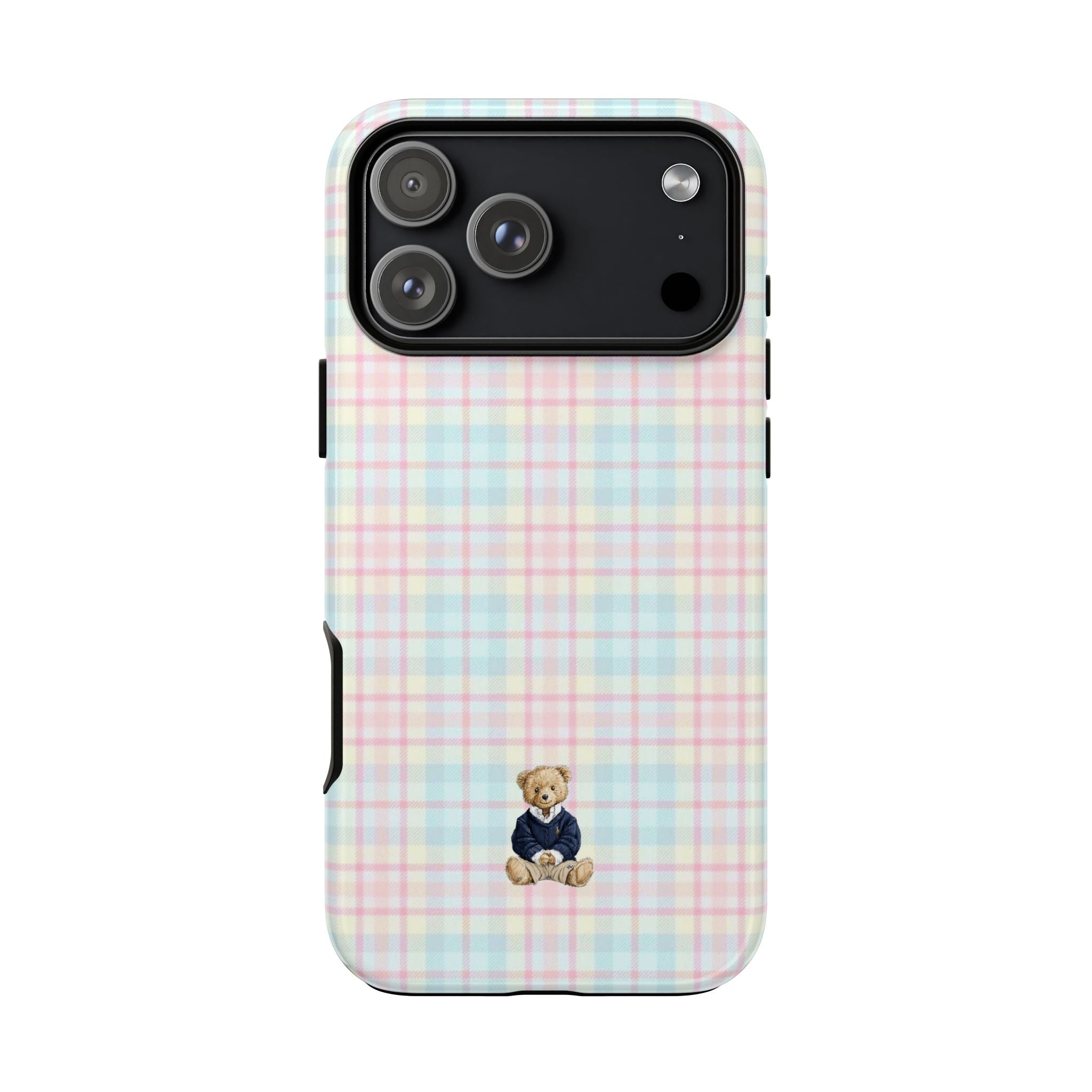 Pastel plaid phone case with small seated teddy bear graphic and camera module cutouts