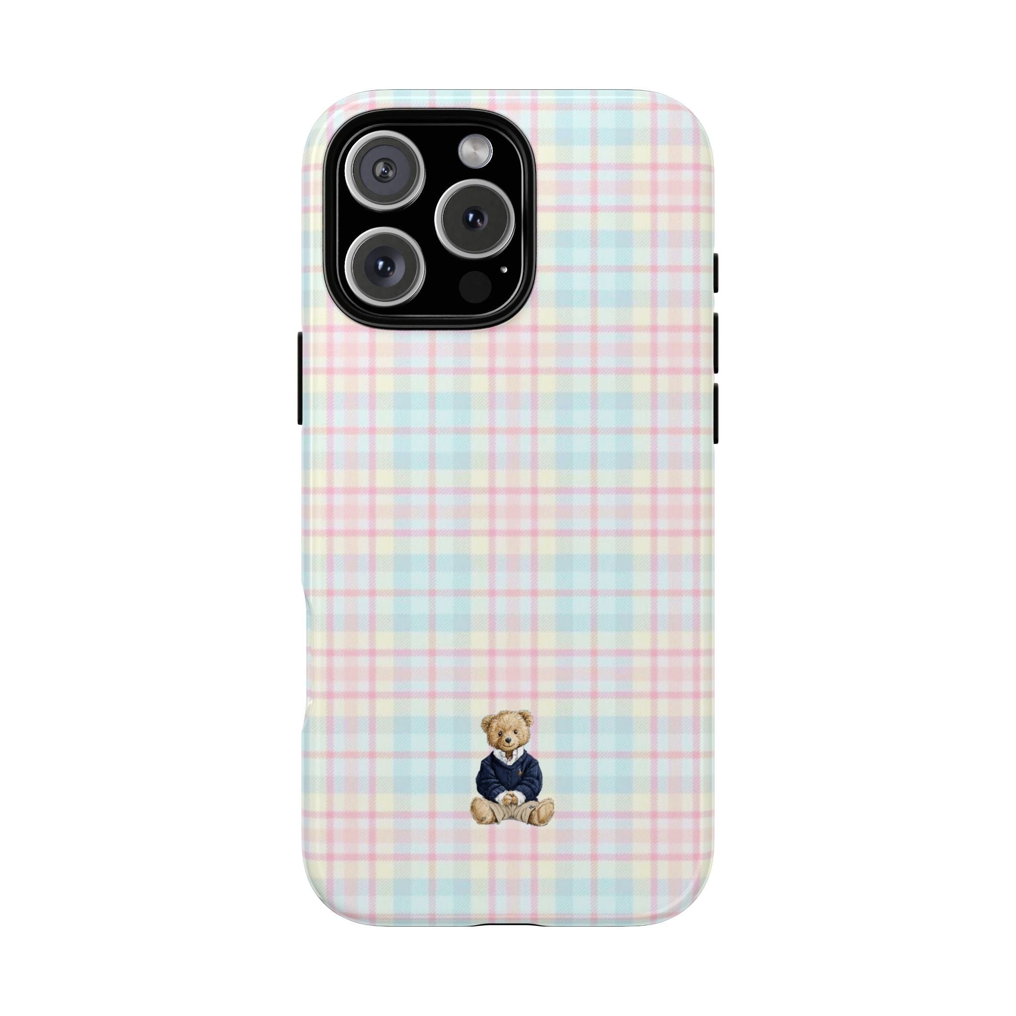 Plaid mini phone case with teddy bear patch, pastel pink and blue check, camera cutouts
