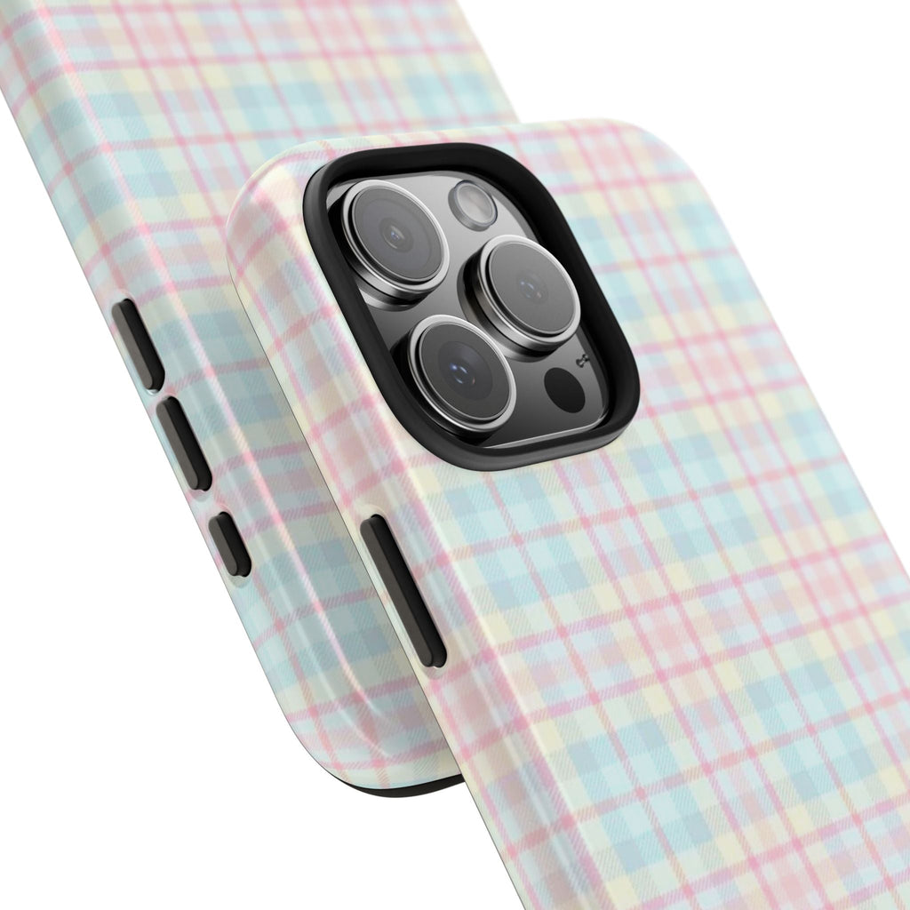 Plaid phone case with pastel pink and blue grid, side buttons and camera cutout