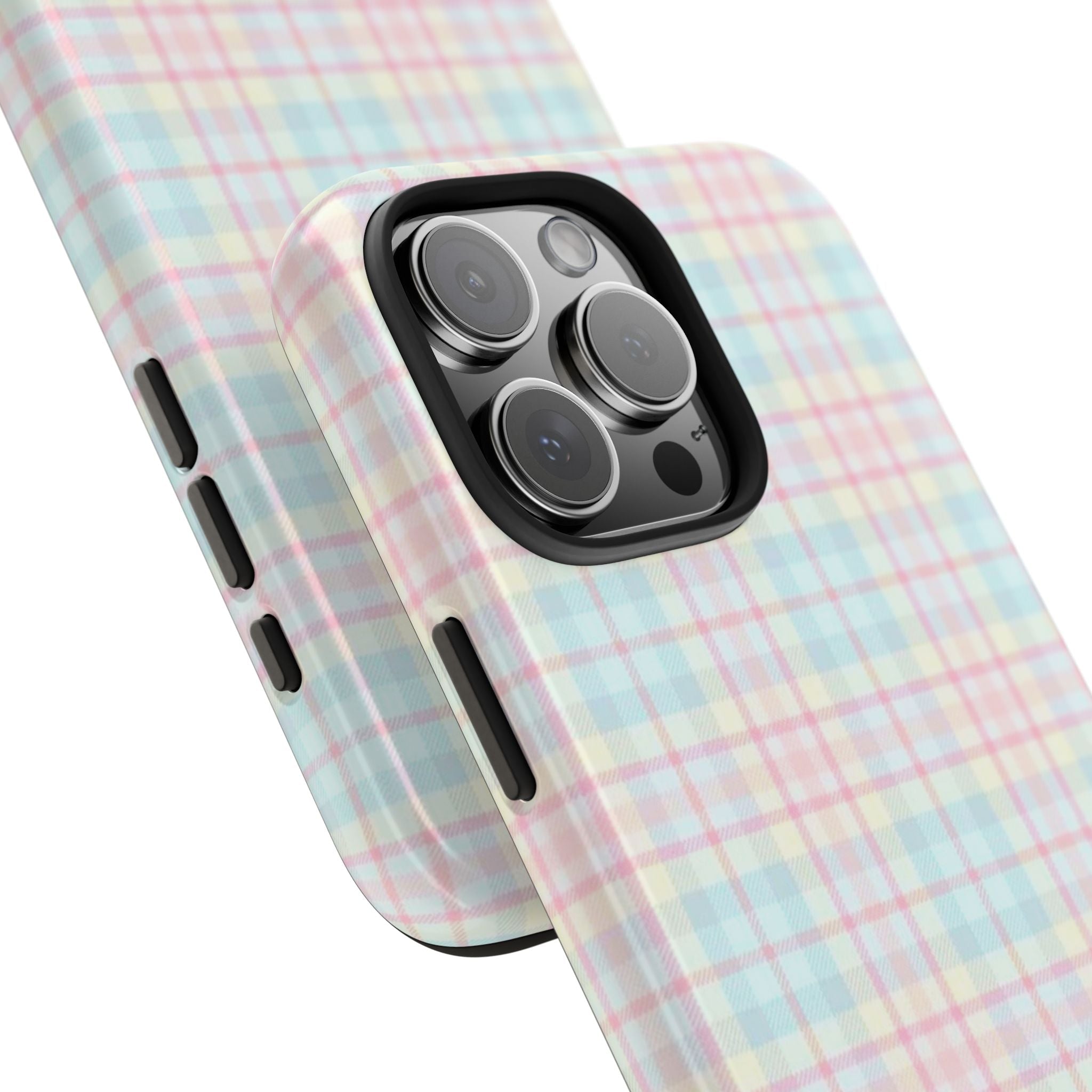 Plaid phone case with pastel pink and blue grid, side buttons and camera cutout