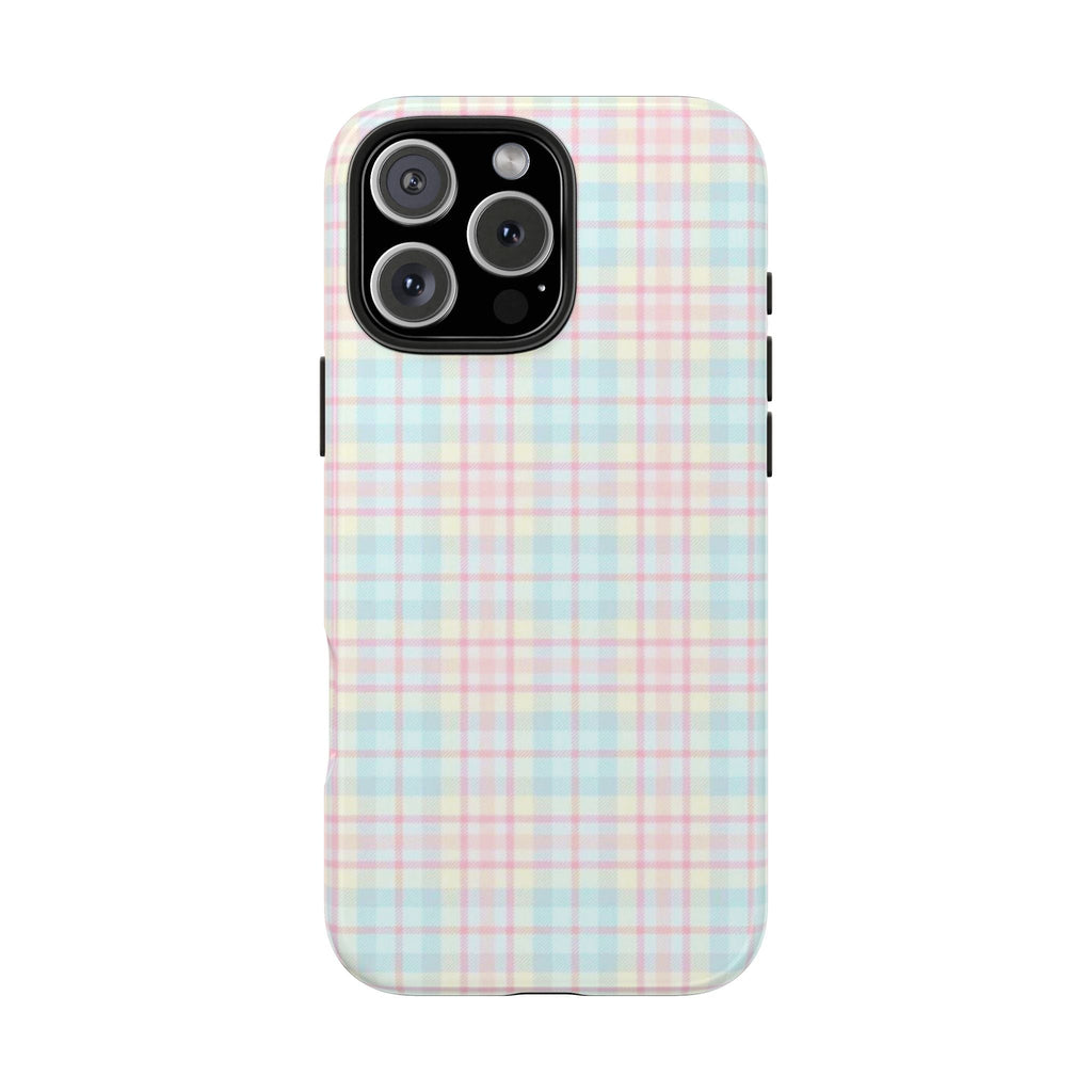 Plaid phone case with pastel pink and blue grid, camera rings visible