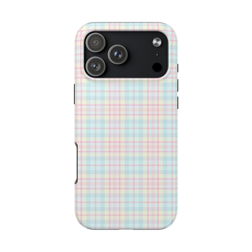 Plaid phone case with pastel pink and blue grid, raised camera cutouts