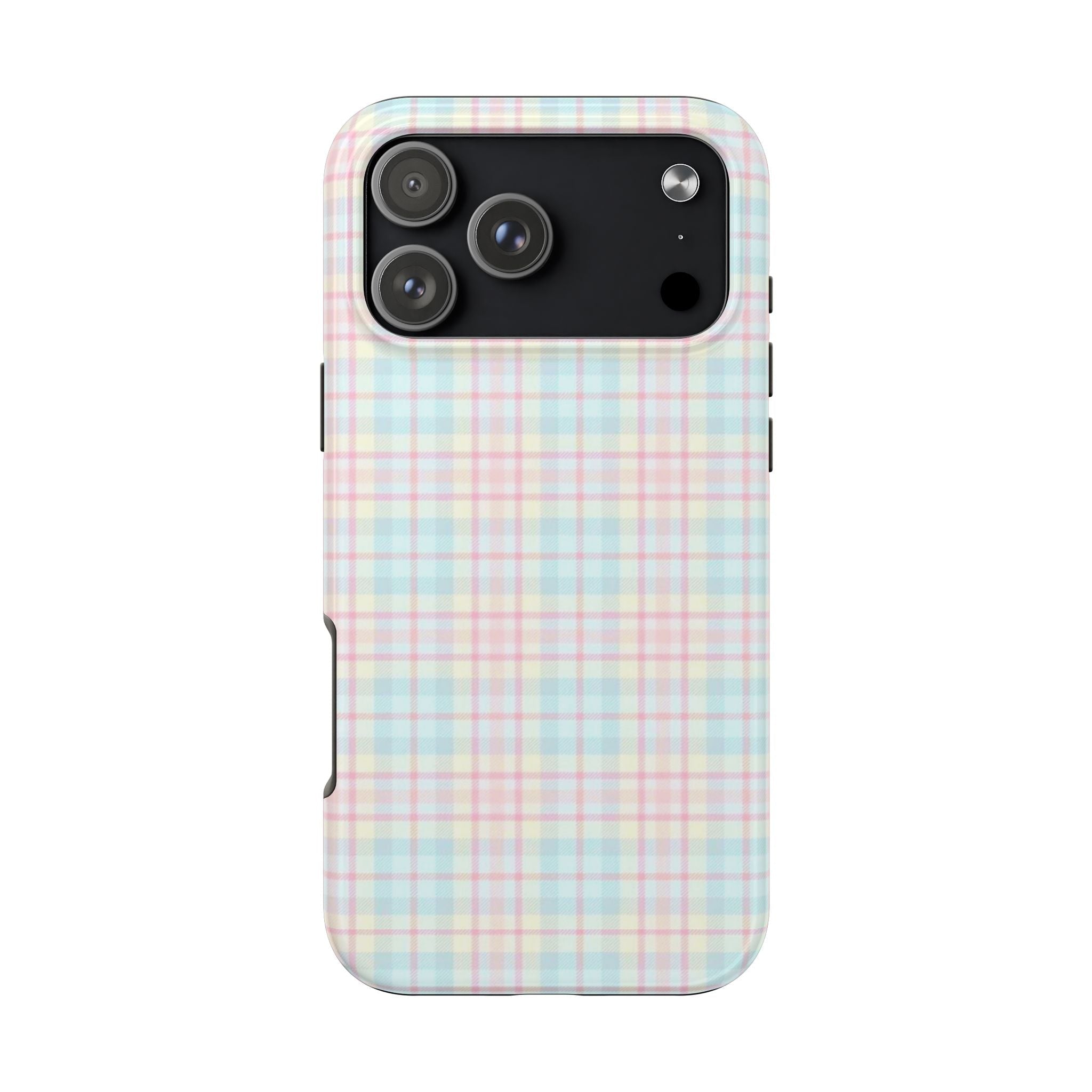 Plaid phone case with pastel pink and blue grid, raised camera cutouts