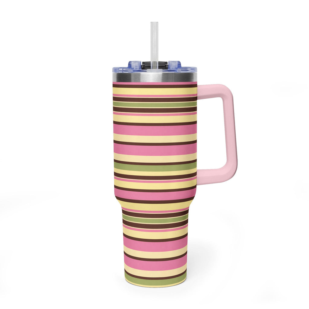 40oz striped tumbler with pink/green/yellow bands, clear lid and straw, metal body