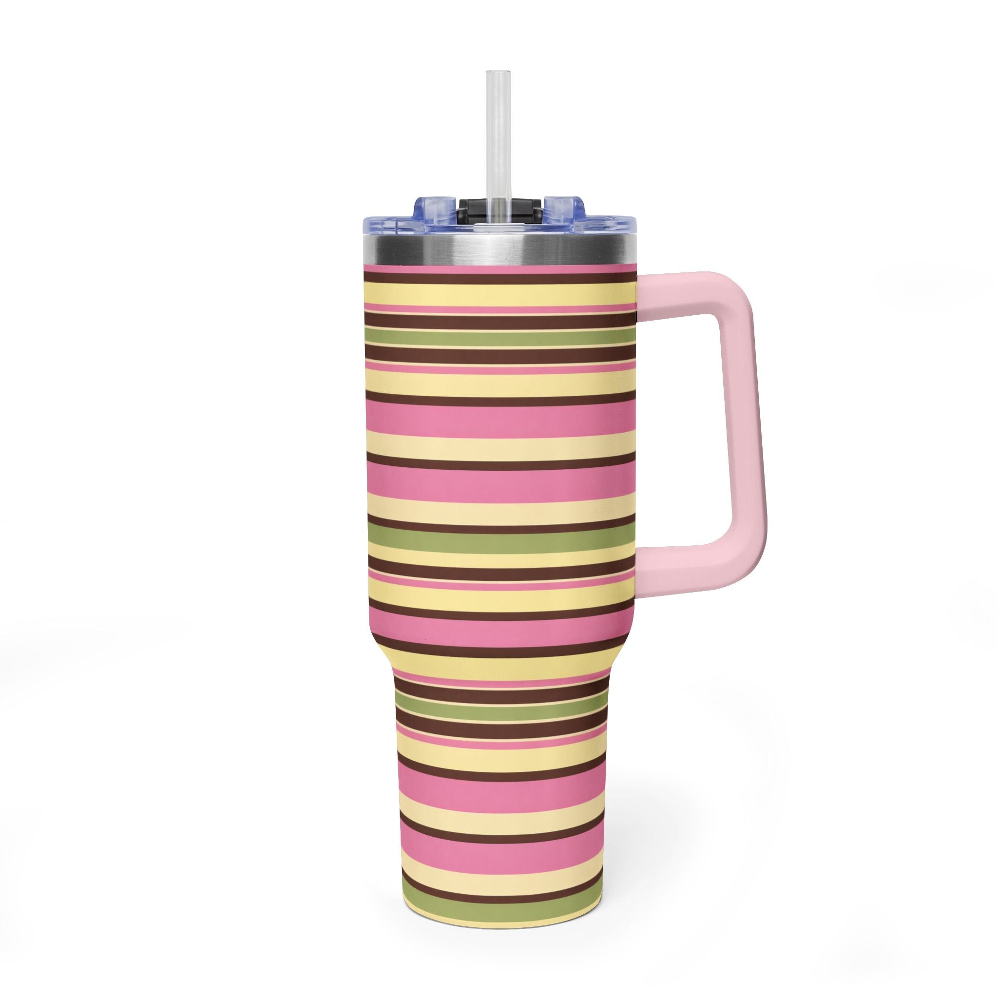 40oz striped tumbler with pink/green/yellow bands, clear lid and straw, metal body