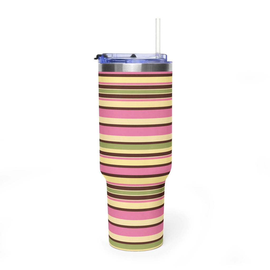 40oz tumbler with pink, green, yellow striped wrap and clear straw lid