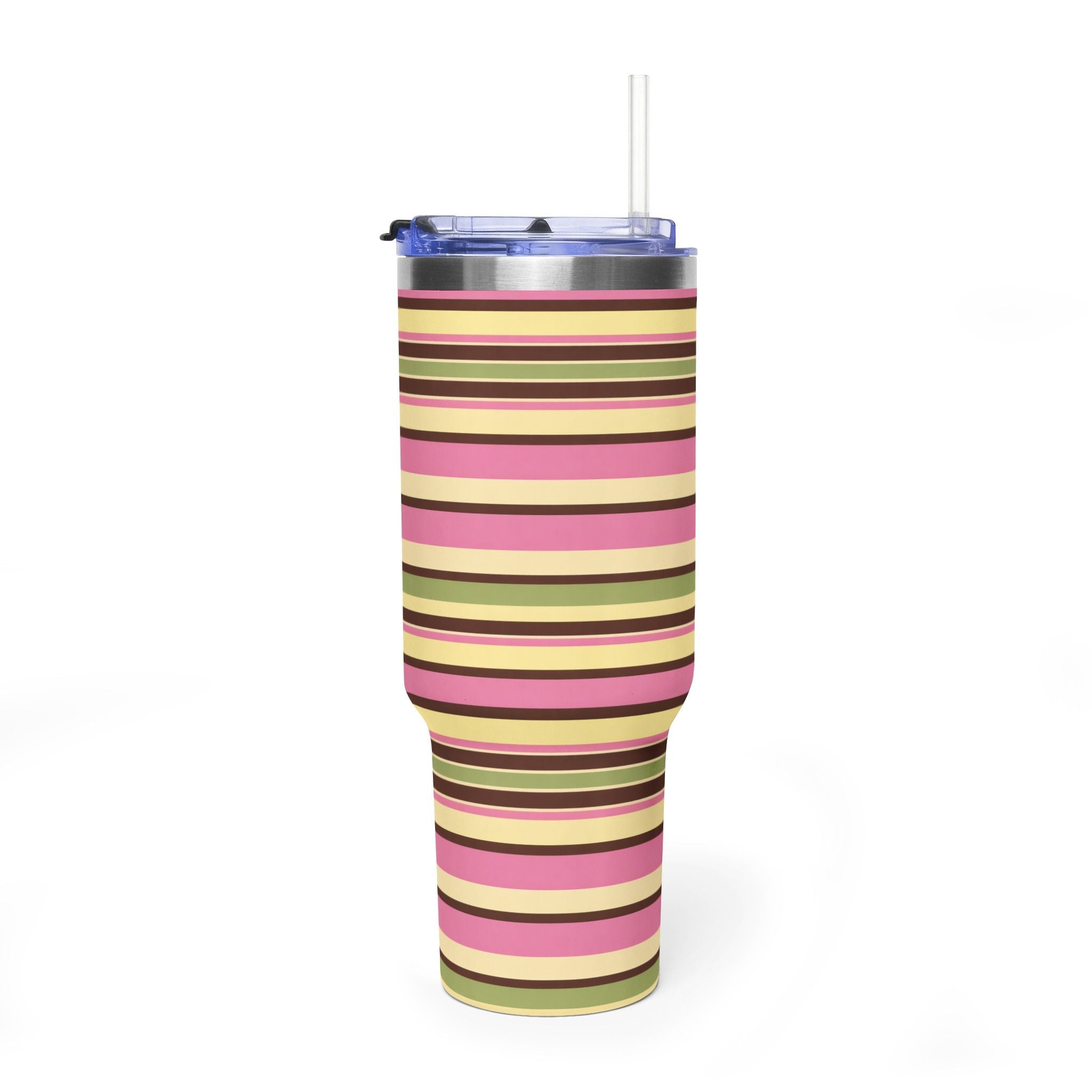 40oz tumbler with pink, green, yellow striped wrap and clear straw lid