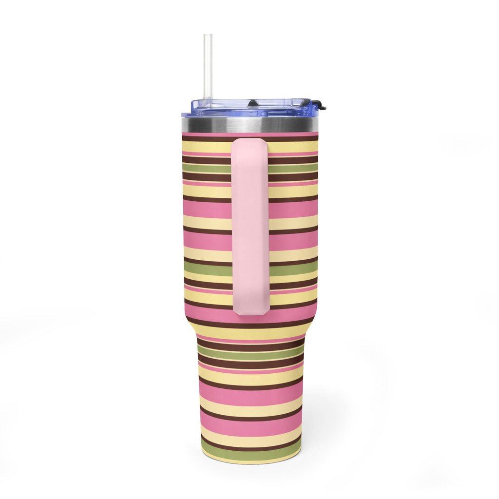 Striped 40oz tumbler with pink, green, yellow bands; clear lid, straight straw