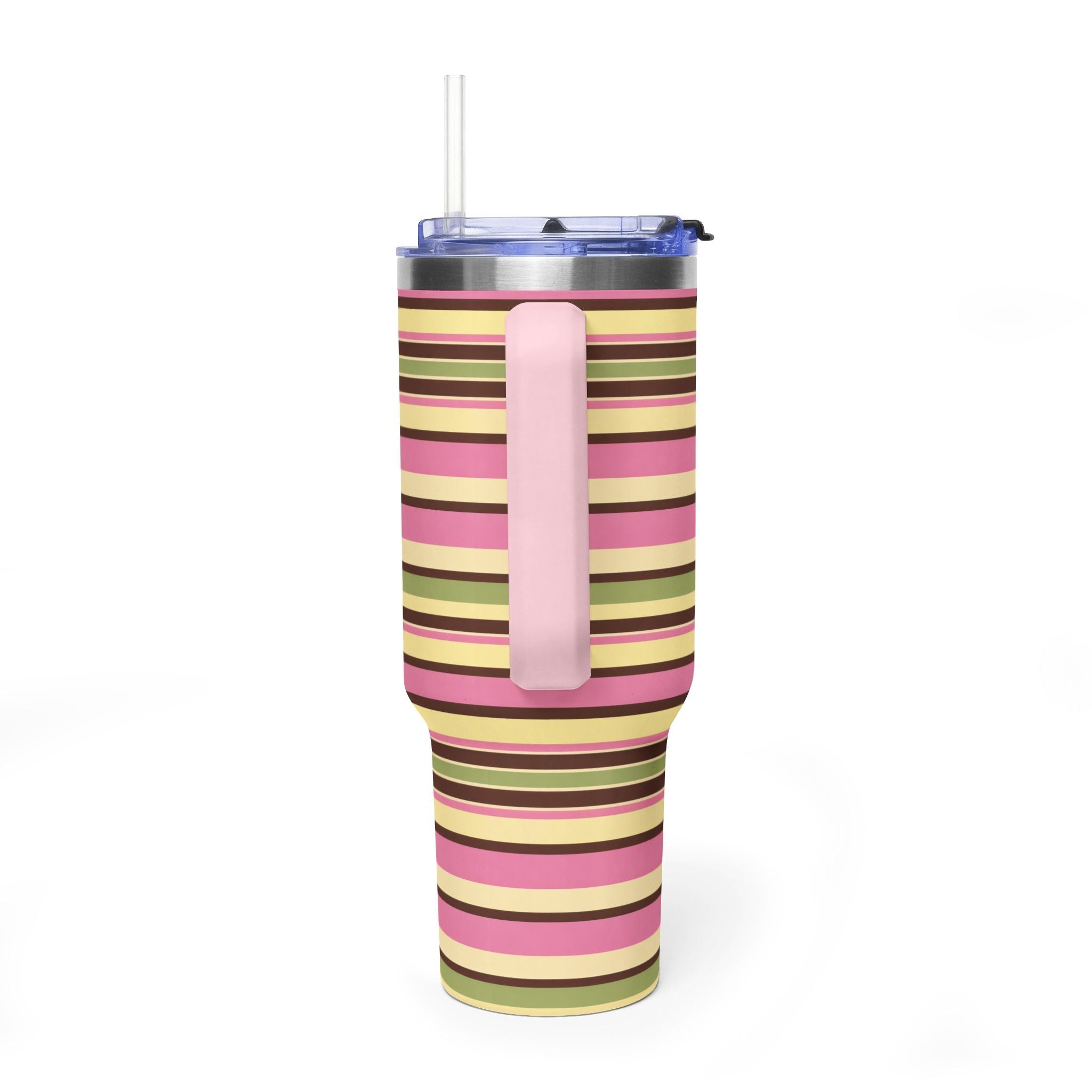 Striped 40oz tumbler with pink, green, yellow bands; clear lid, straight straw