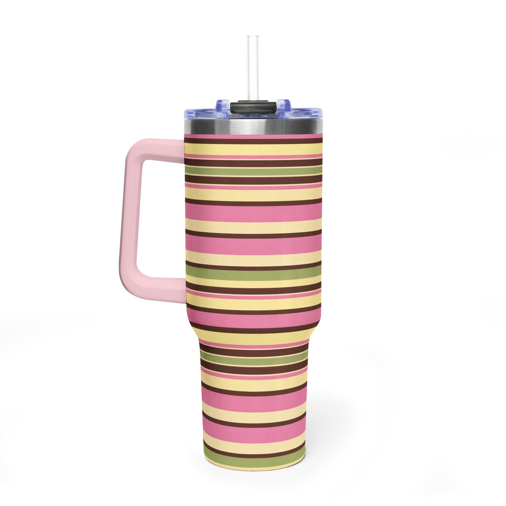 Striped 40oz stainless tumbler with pink handle, pink/green/yellow bands, clear straw lid