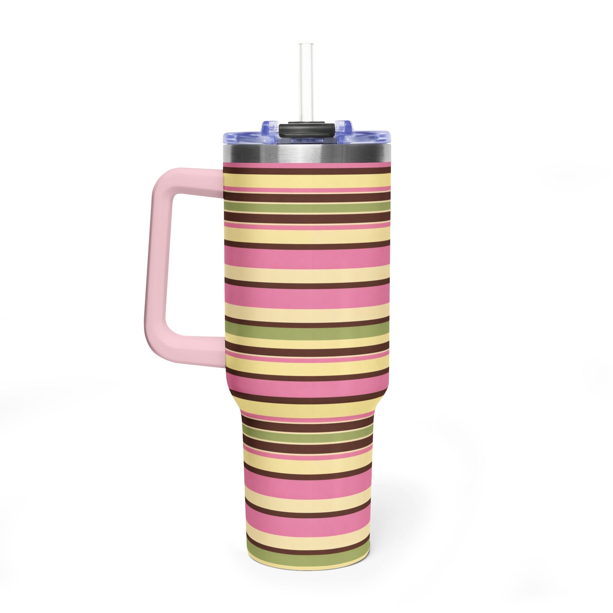 Striped 40oz stainless tumbler with pink handle, pink/green/yellow bands, clear straw lid