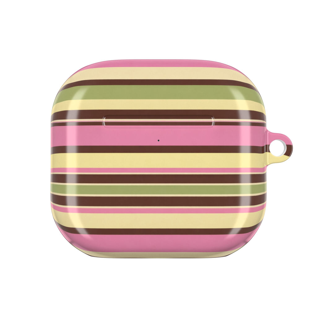 AirPods case with bold horizontal picnic stripes and small side lanyard loop