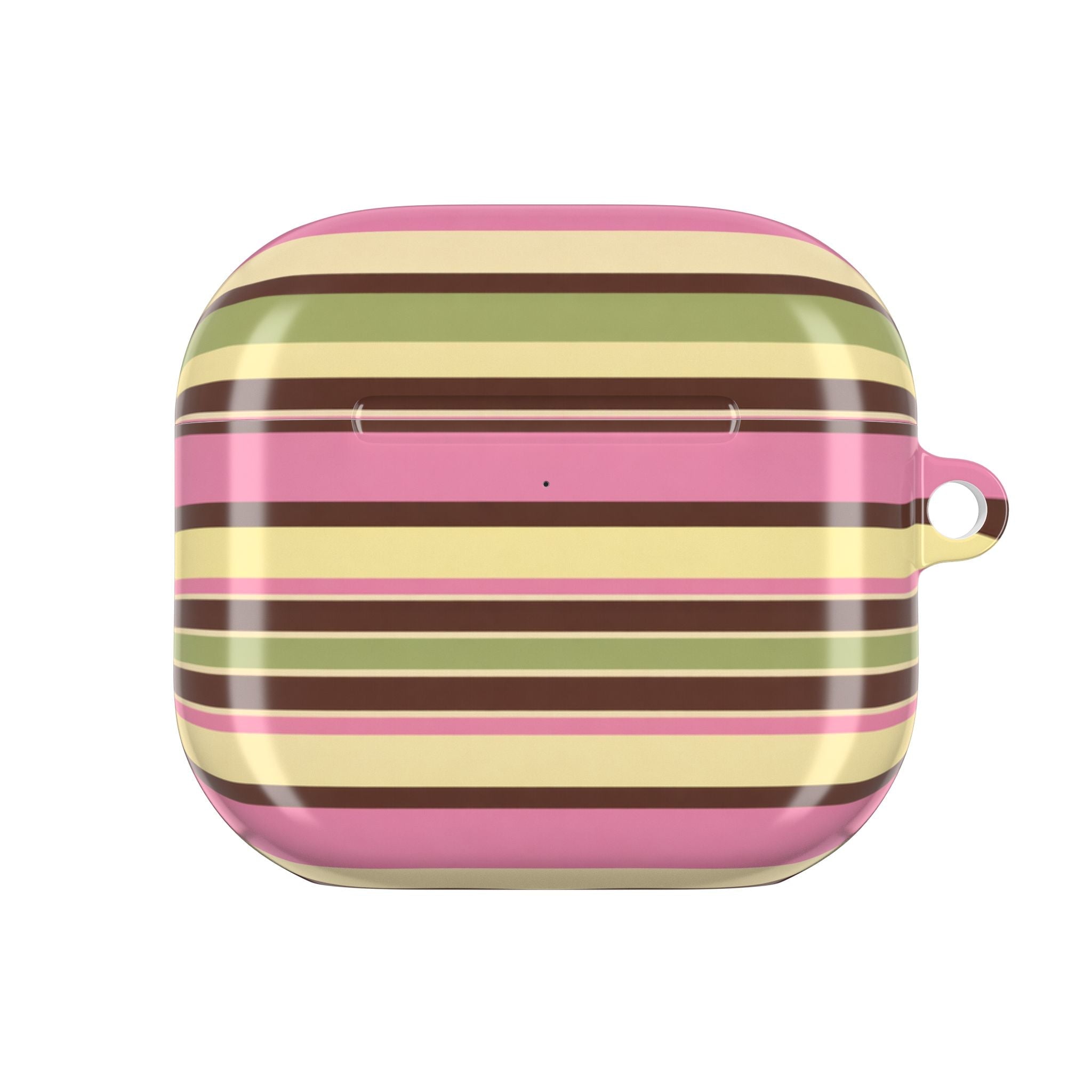 AirPods case with bold horizontal picnic stripes and small side lanyard loop