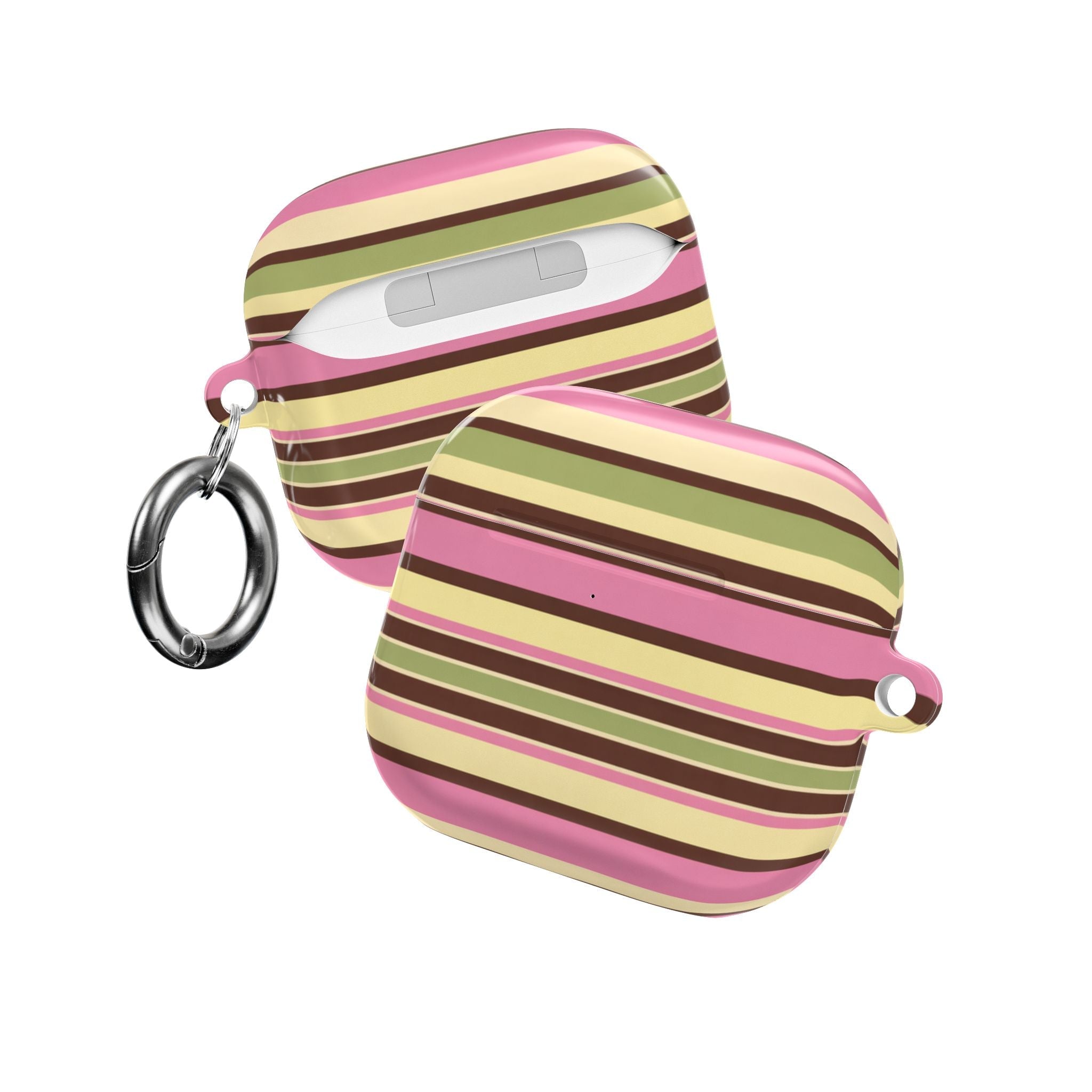 AirPods case with picnic stripe pattern and metal keyring, closed back