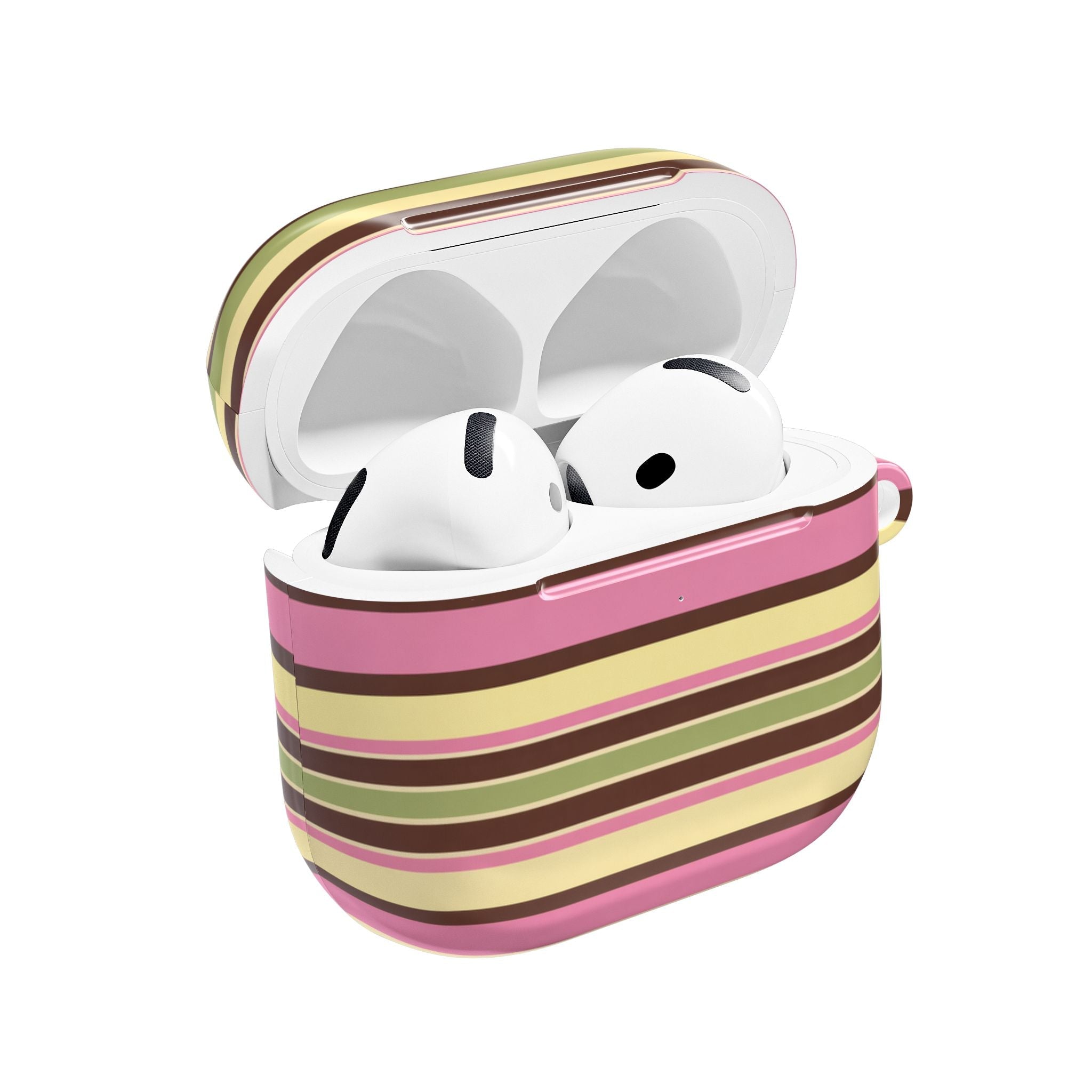 AirPods case with pink, green, and yellow horizontal picnic stripes, open lid