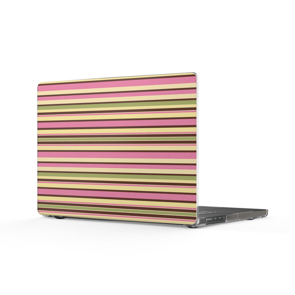 Hard shell MacBook cover with horizontal picnic stripes in pink, yellow, and green