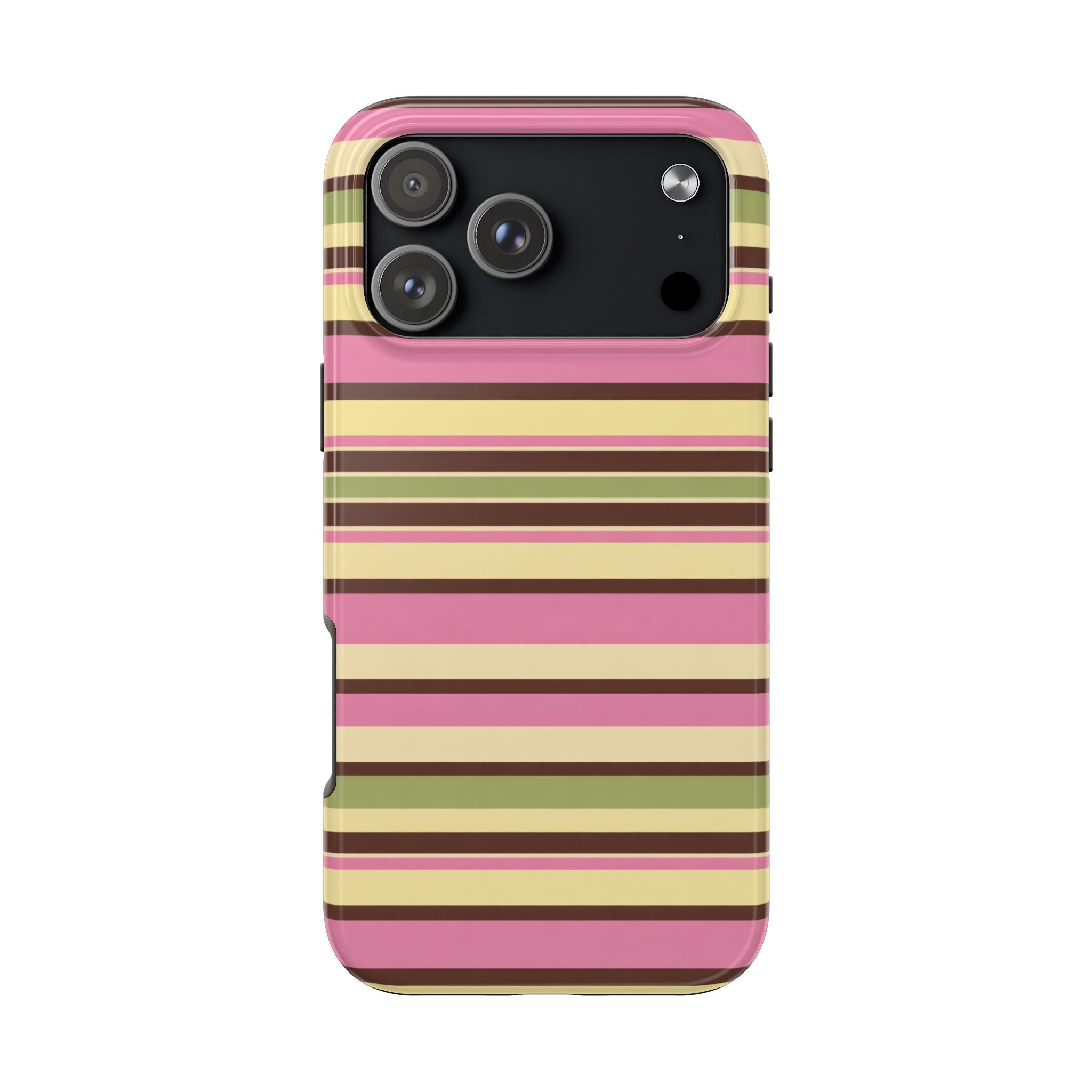 Picnic stripes phone case with pink, cream and green horizontal stripes