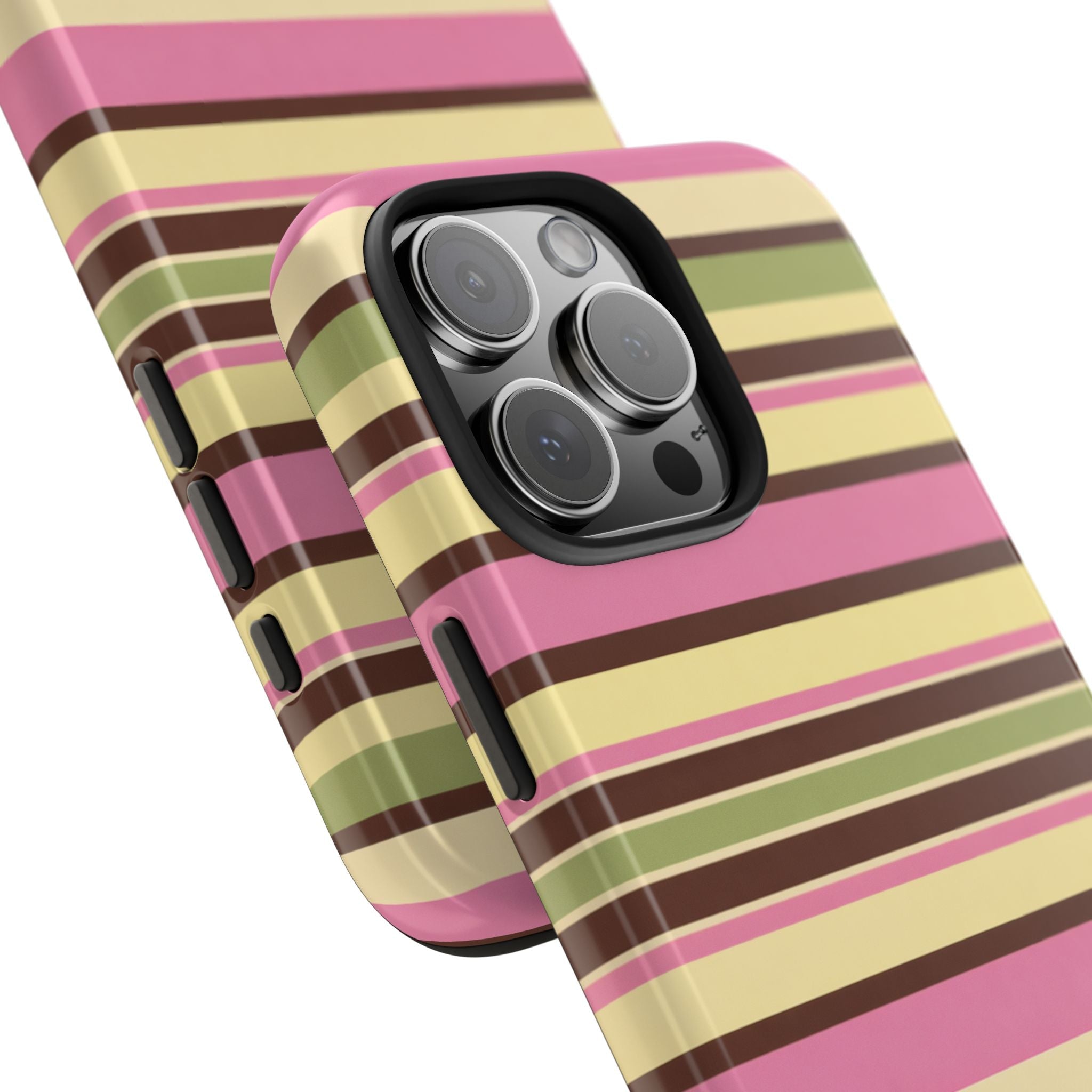 Picnic stripes phone case angled view, pink, cream and olive stripes with camera protectors