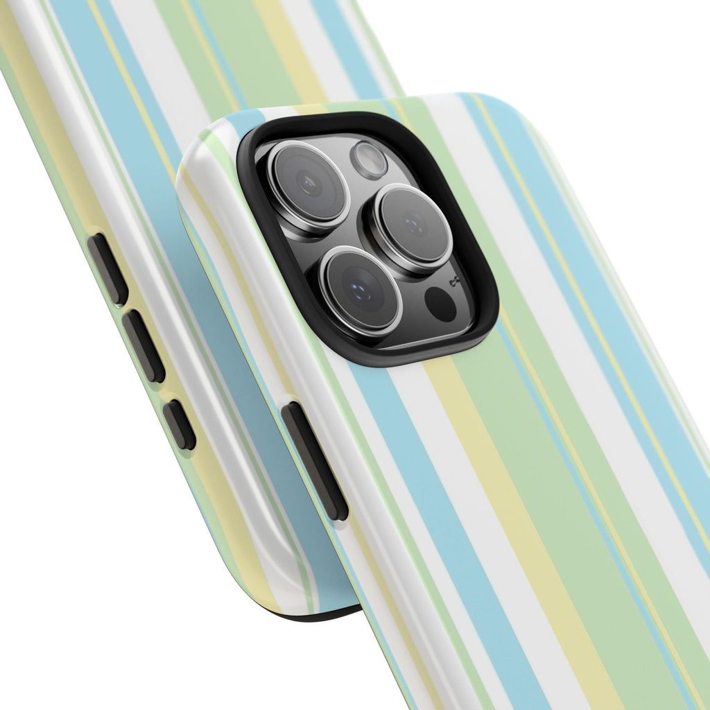 Pastel vertical stripe phone case, angled view with camera cutout details