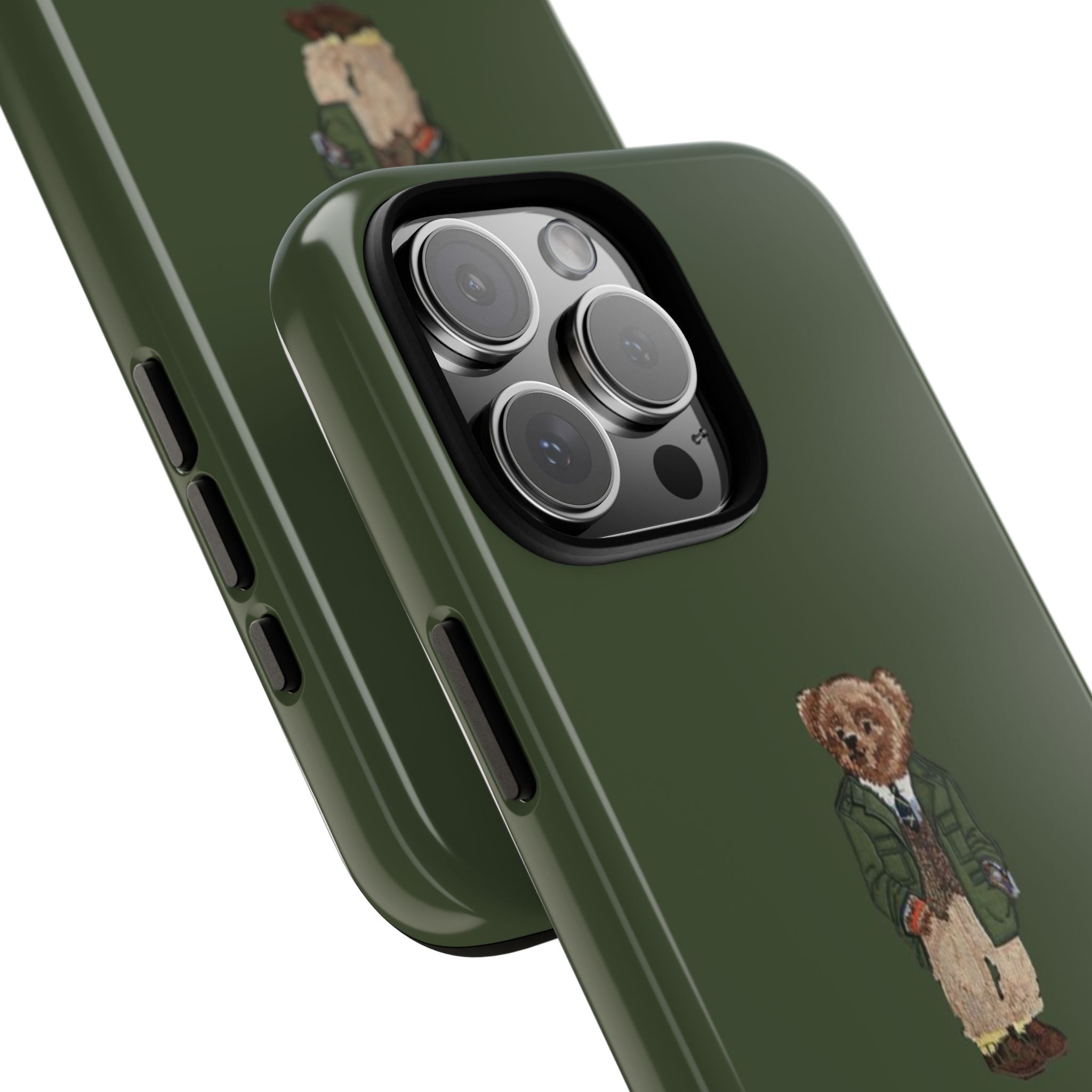Pine green phone case with teddy bear detail and side button cutouts
