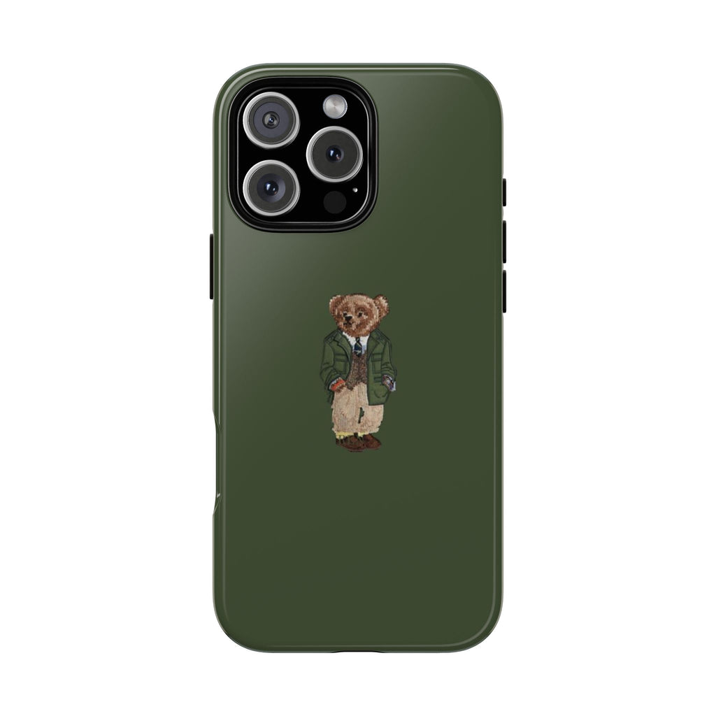 Pine green phone case with embroidered teddy bear on the back