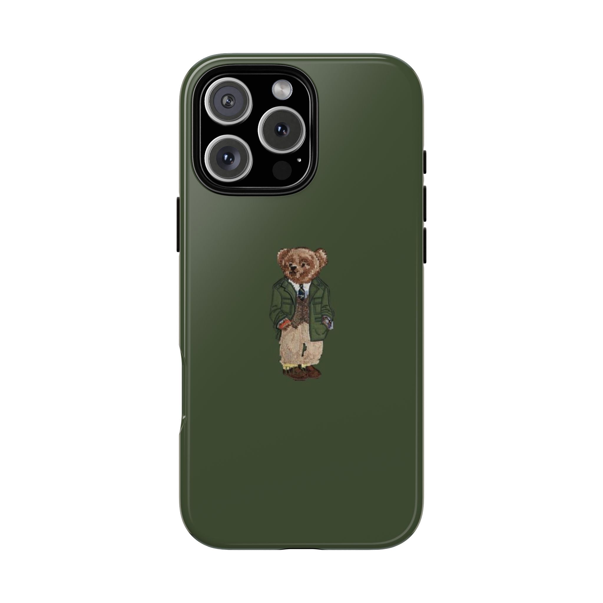 Pine green phone case with embroidered teddy bear on the back
