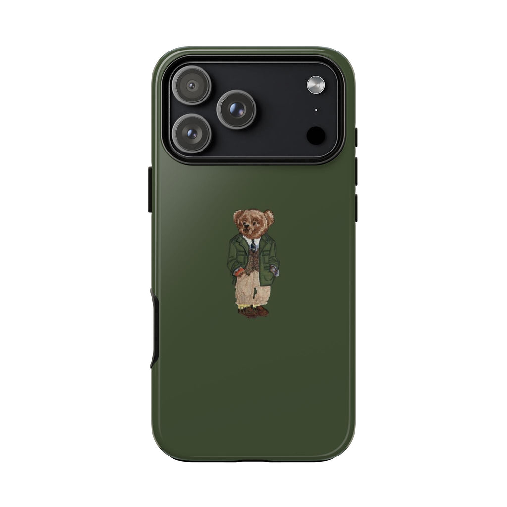 Pine green phone case with teddy bear patch and camera cutouts