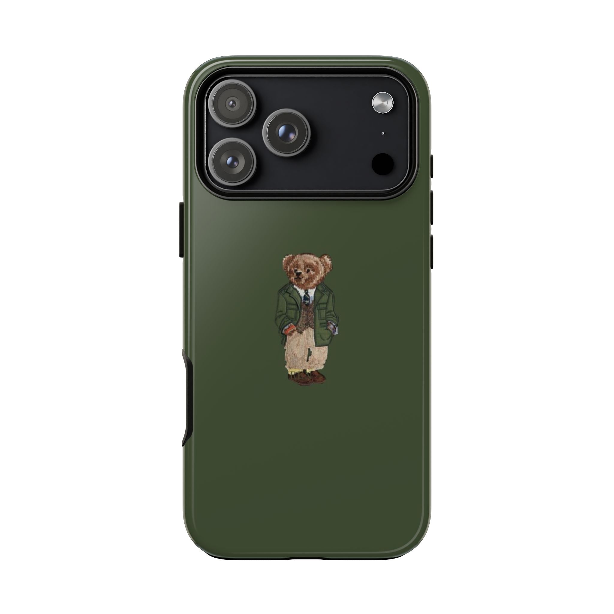 Pine green phone case with teddy bear patch and camera cutouts