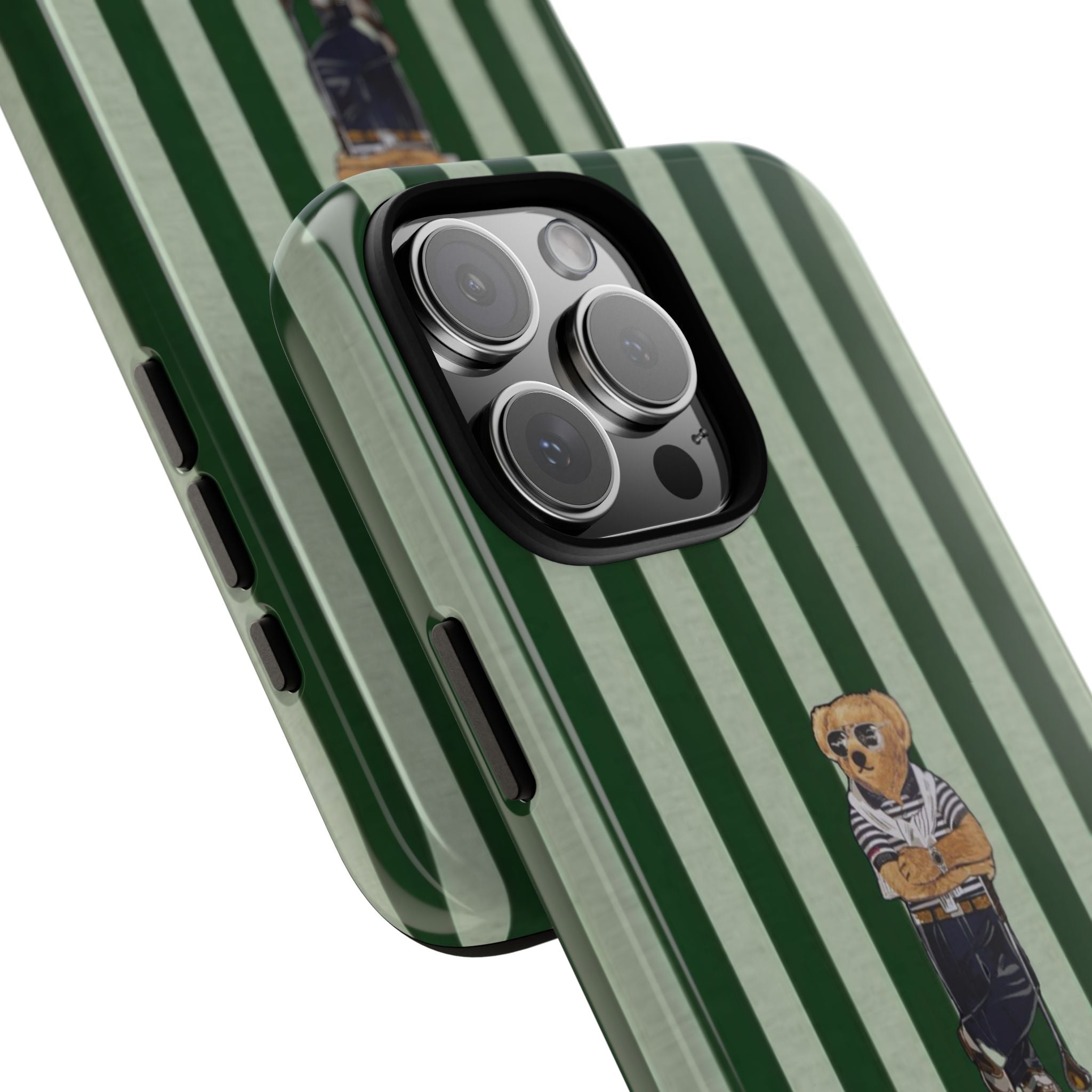 Angled pine green striped phone case with golf teddy bear on back and side button cutouts