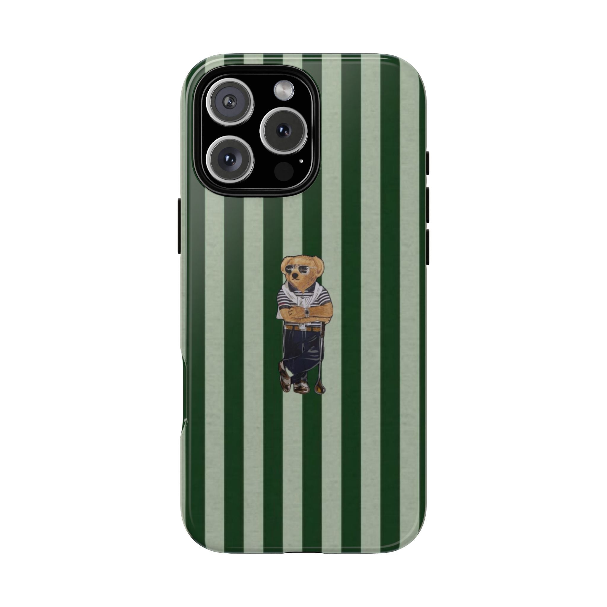 Pine green striped phone case with teddy bear golfing motif and camera cutouts